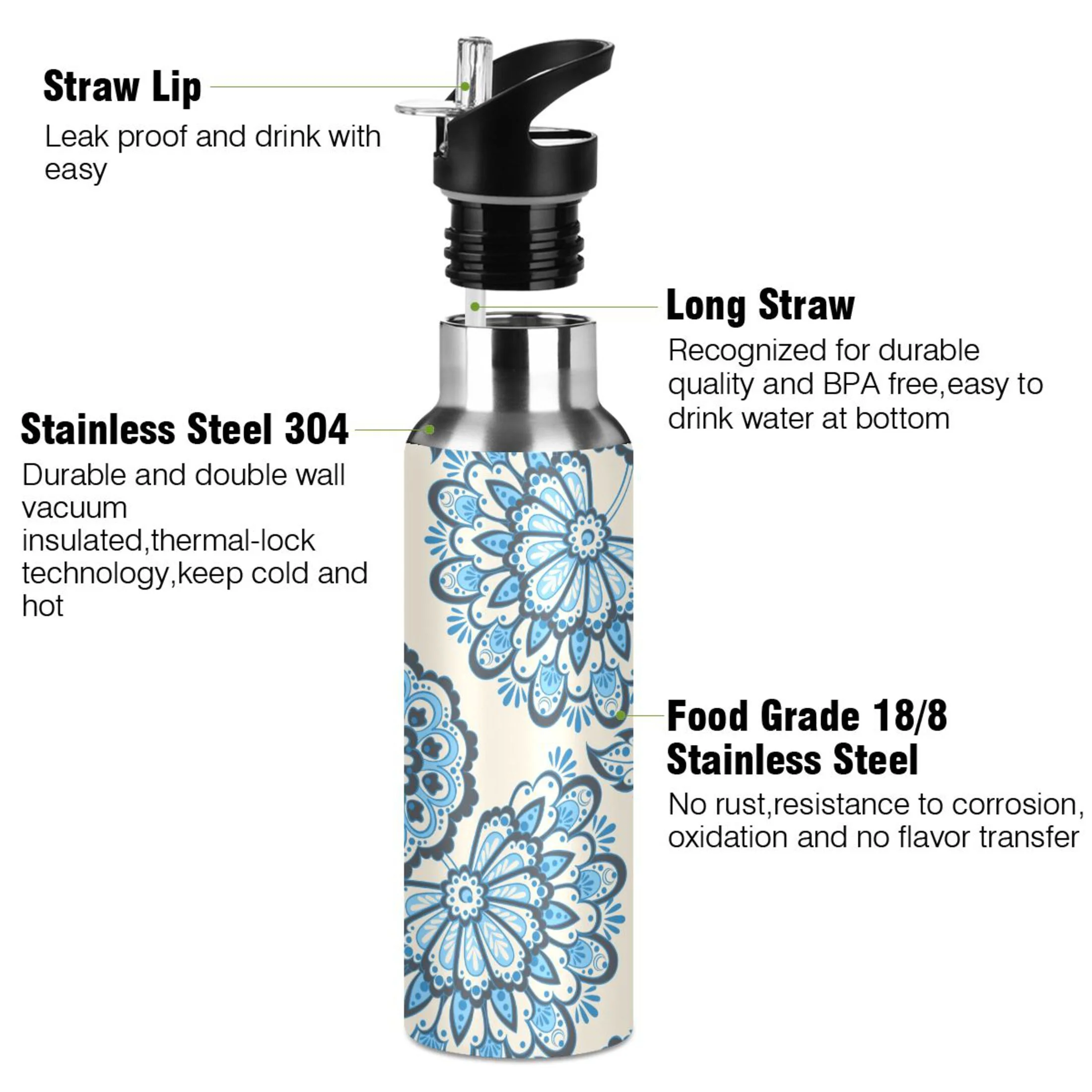 Water Bottle with Straw Lid Leak Blue Boho Flowers Bohomia Stainless Steel Insulated Thermos Vacuum Flask for Cold Hot Drinking for Sports Camping Gym Yoga