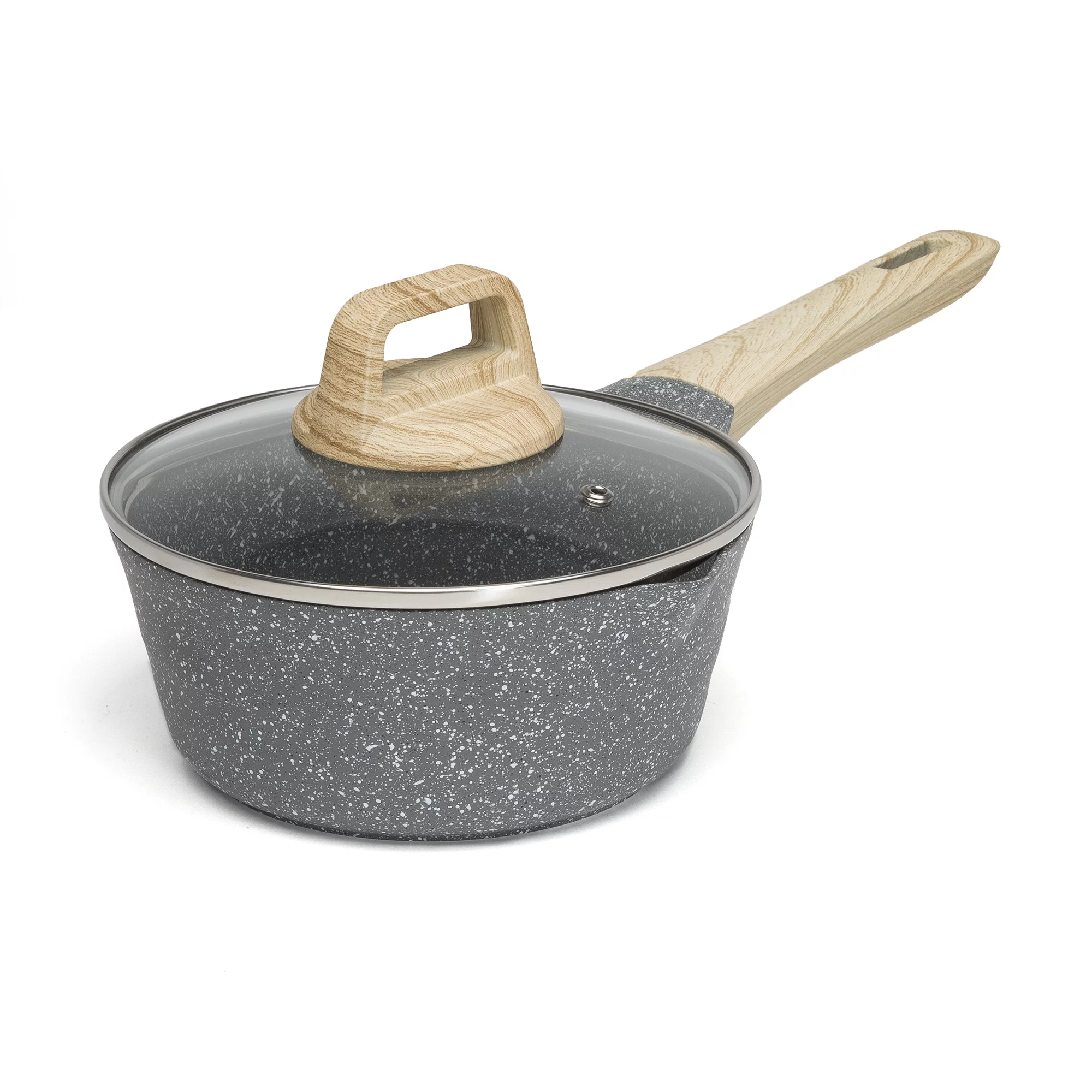 Ecolution Farmhouse Cast Aluminum Speckle Coated Saucepan with Ergonomic Wood Look Handle, Dishwasher Safe, Durable Non-Stick, 1.6 Quart