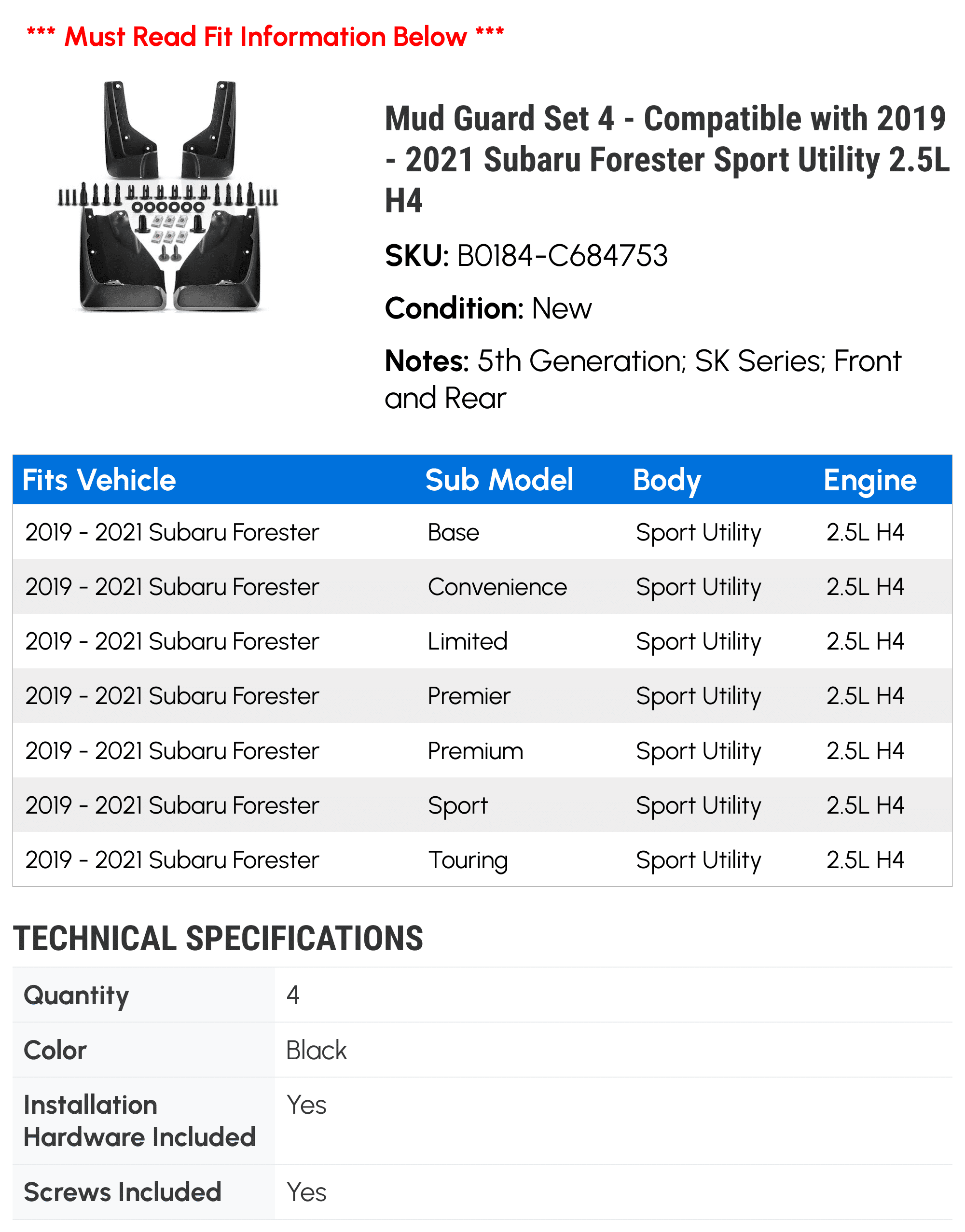Mud Guard Set 4 - Compatible with 2019 - 2021 Subaru Forester Sport Utility 2.5L H4 2020