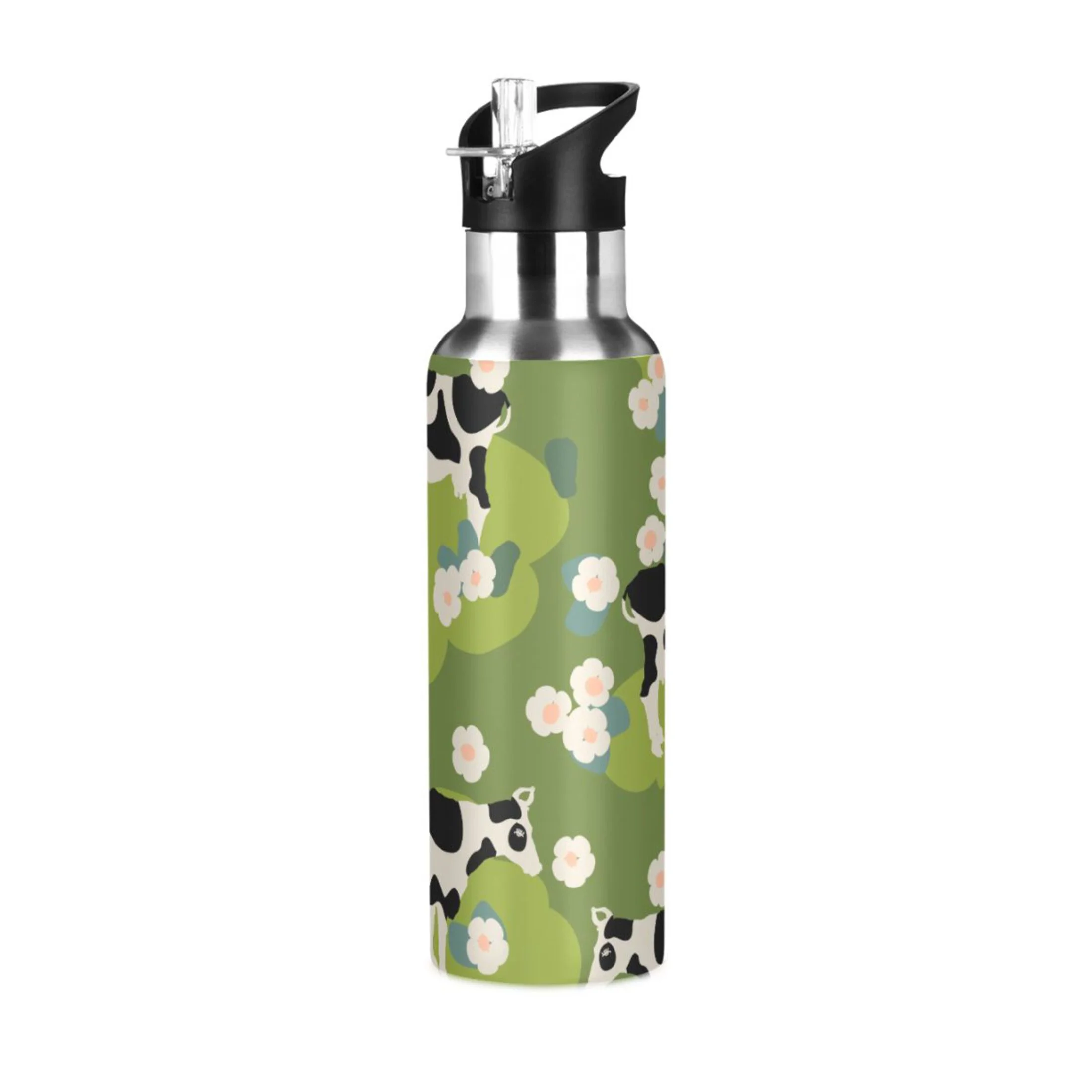 Stainless Steel Water Bottle Green Cow Flowers with Straw Lid Vacuum Insulated Leak Proof Flask Jug for Gym Travel Sports Cycling Outdoor 20 OZ