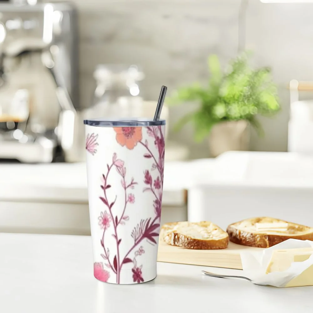 GOSMITH Pink Blooming Tree Branches Apple Tree Water Bottle with Straw Lid Vacuum Insulated Stainless Steel Thermo Flask Water Bottle