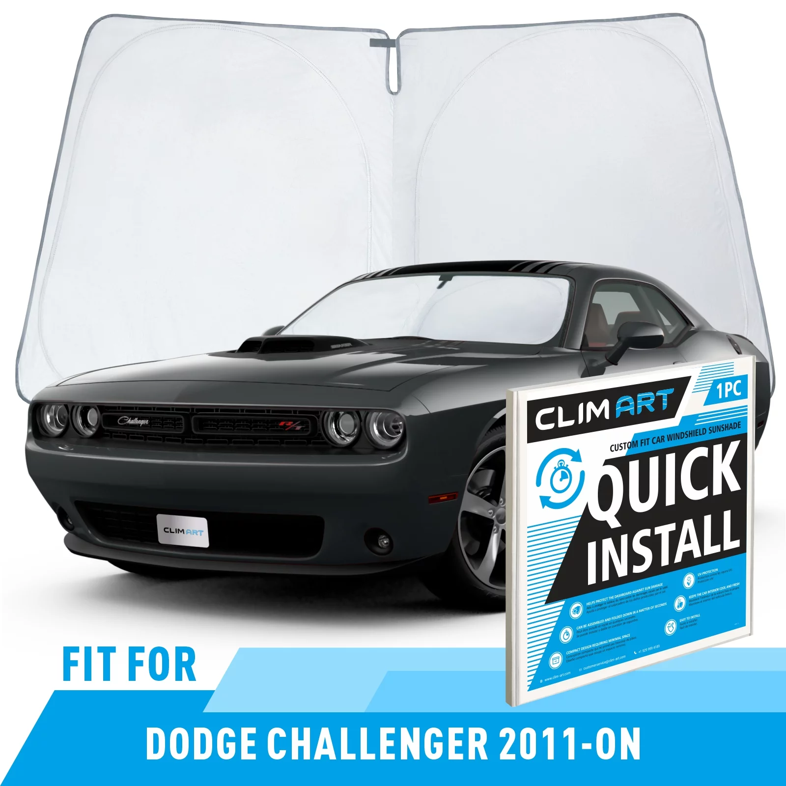CLIM ART Windshield Sun Shade for Dodge Challenger 2011-2024 - Custom-Fit Foldable Car Sun Shade - Car Sunshade - Vehicle Sun Protector- Front Auto Windshield Cover, Car Windshield - WS2013