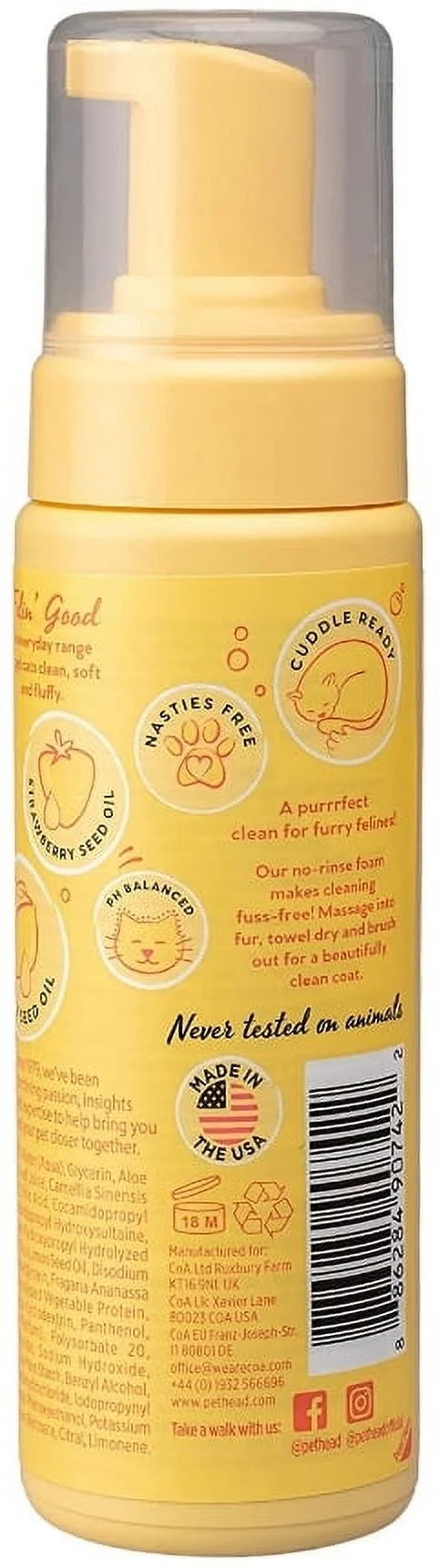 Pet Head No-Rinse Foam for Cats Lemonberry with Lemon Oil [Cat Shampoo and Cologne, Cat Supplies] 20.1 oz (3 x 6.7 oz)