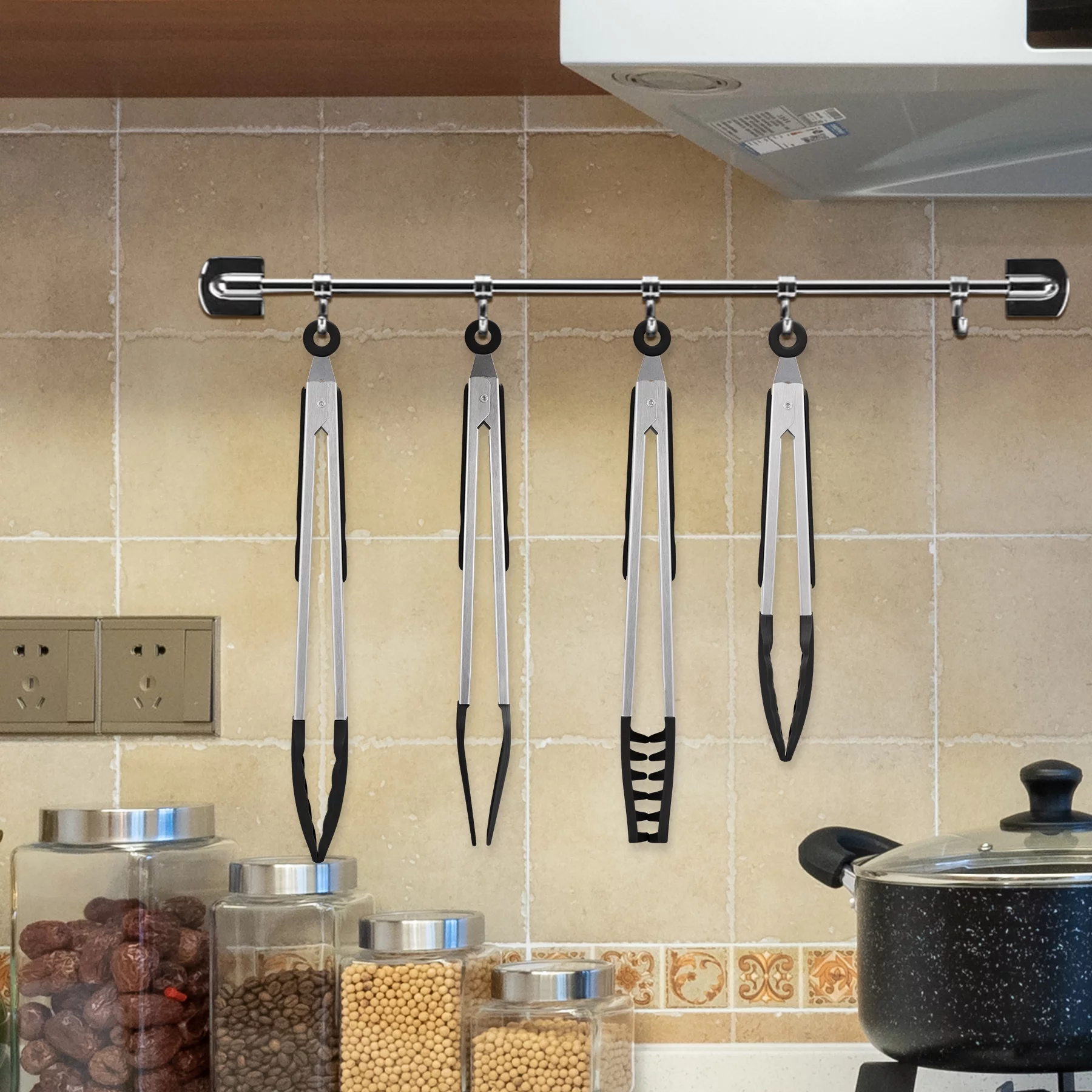 4in1 Stainless Steel Kitchen Food Tongs Set for Cooking with BPA Free Silicone Tips, Toaster Steak Pie Pizza Pasta Spaghetti Noodles Salad Fruit Vegetable Grill BBQ Buffet Clamp Serving Tools Gadgets