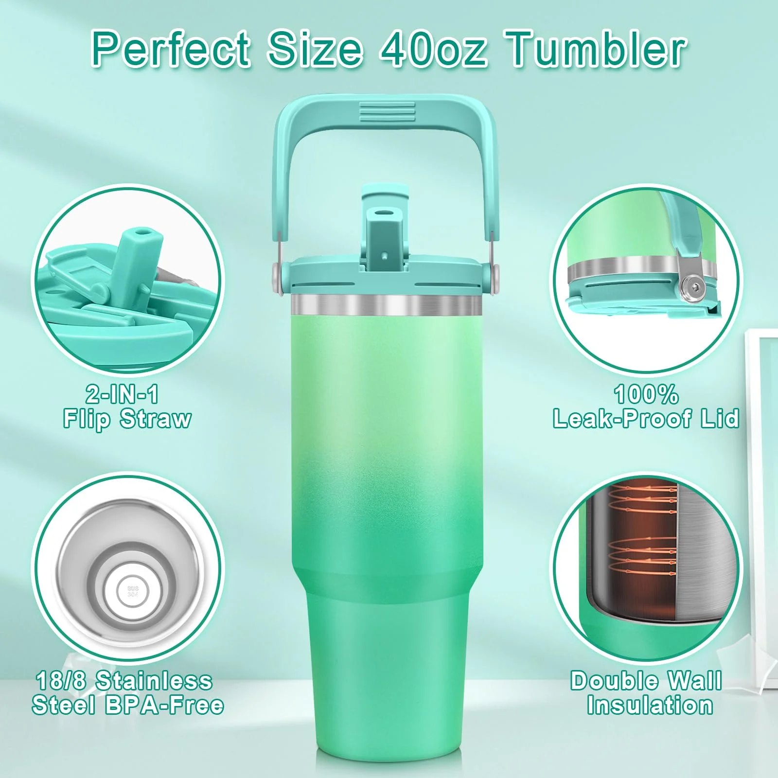 KOGYAS 40 oz Tumbler with Handle,Flip Straw Tumbler with 2-in-1 Leak Proof Lid,Stainless Steel Double Wall Vacuum Insulated Tumblers,Adults Kids Travel Bottle for Walking Hiking Camping School