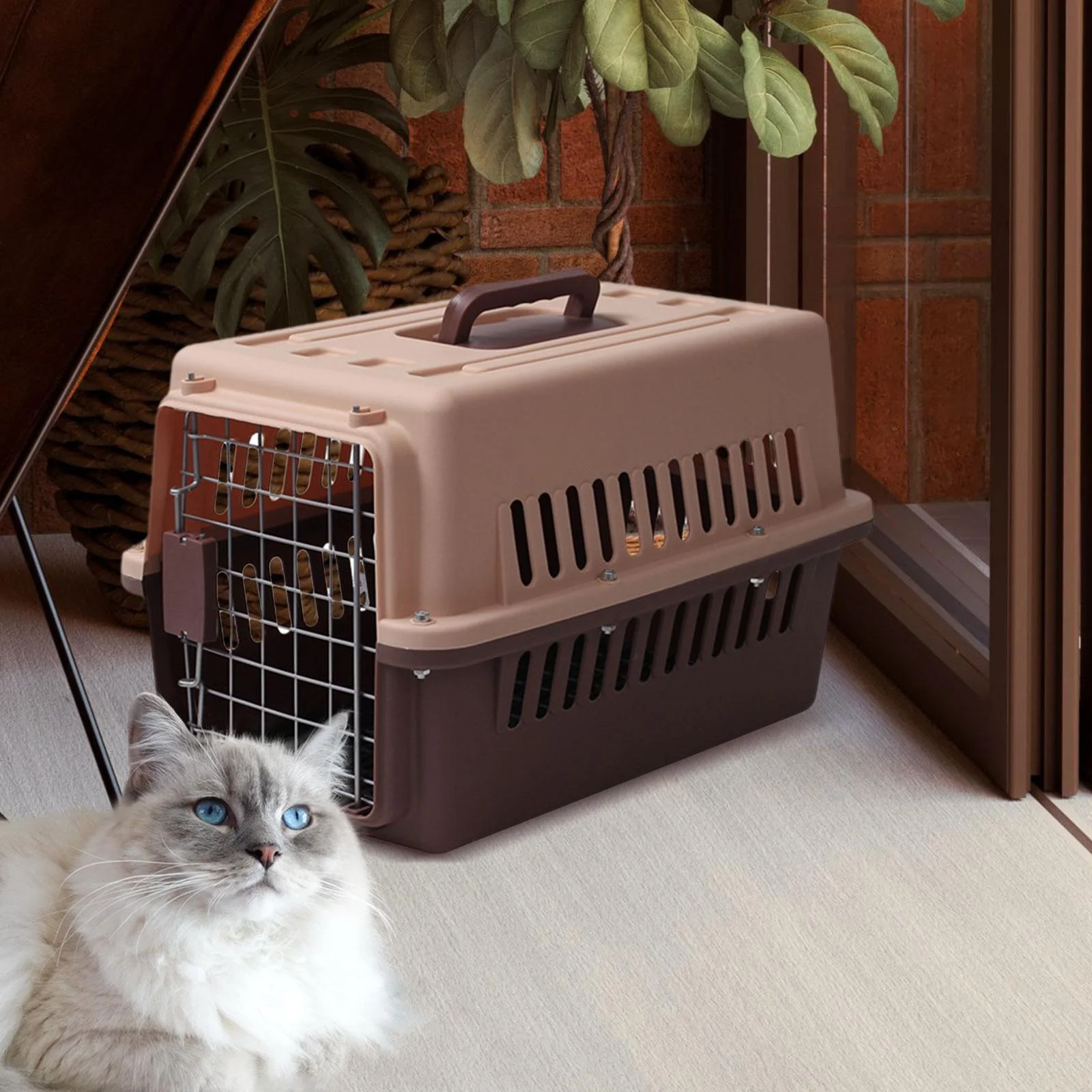 FITYLE Pet Travel Box Pet Carrier and Handle Airline Approved Wire Door s Crate for Camping Indoor Outdoor Small Medium Dog Brown