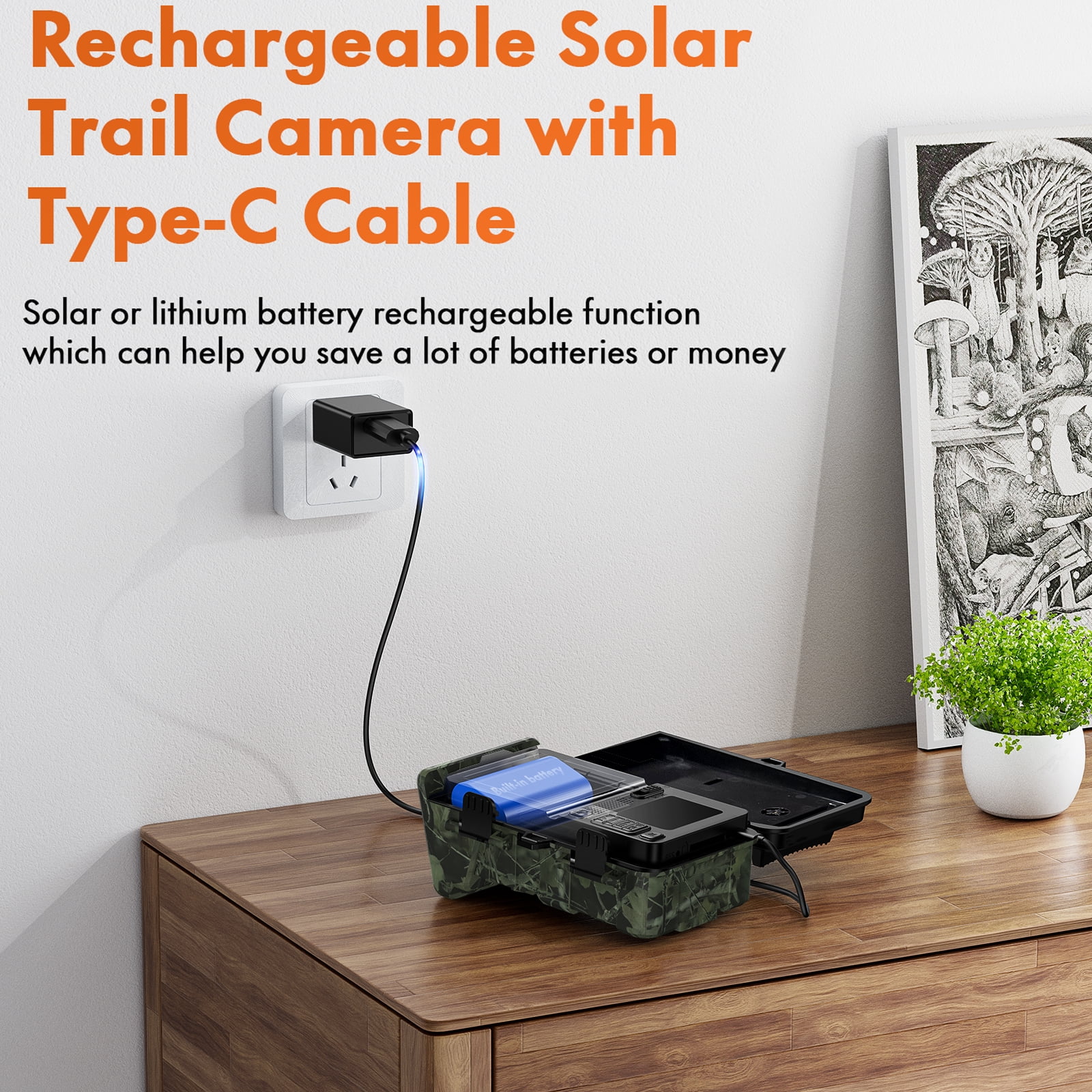 CAMPARK Solar Trail Camera 24MP 1080P 2500mAh Built-in Lithium Battery Rechargeable Game Camera with Night Vision Waterproof IP66 0.1s Trigger Speed 120°Wide Angle 2.0