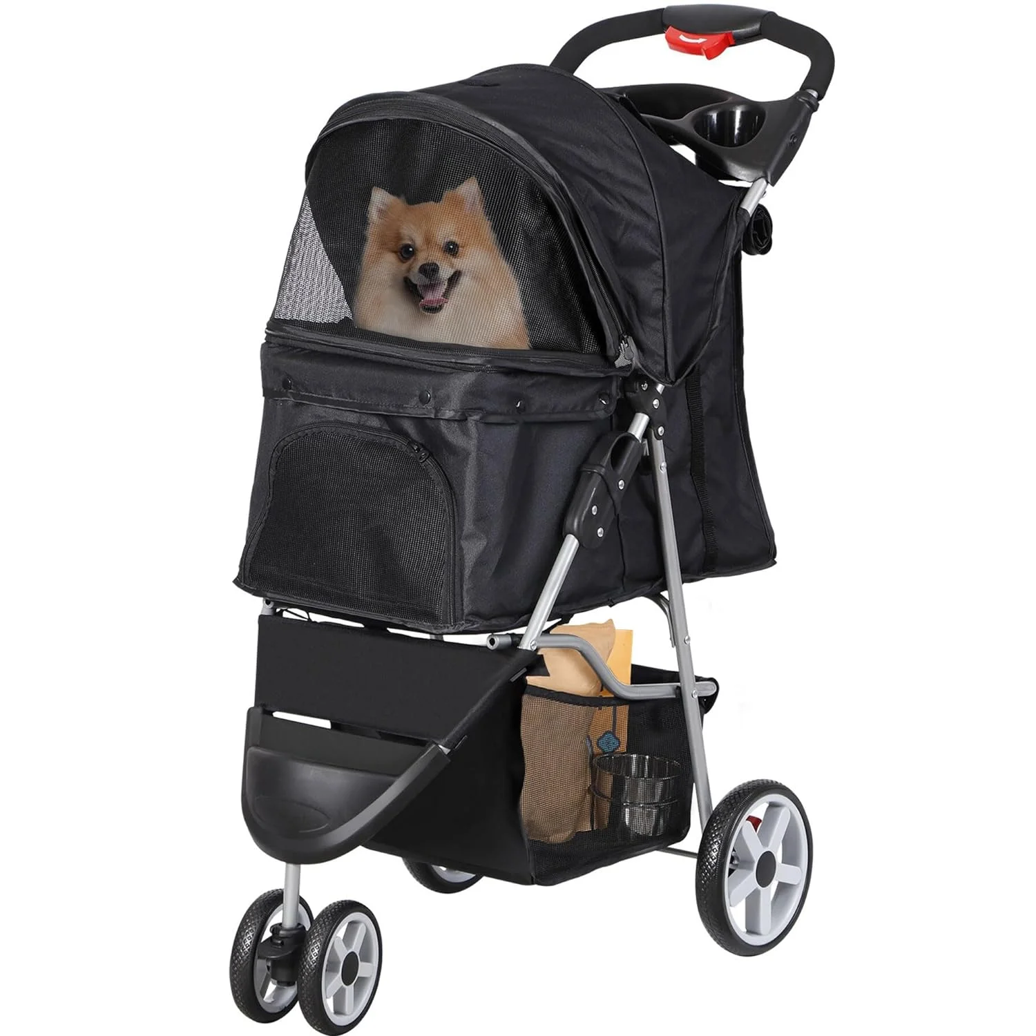 FoldableStroller for Cats and Dogs 3 Wheels Carrier Strolling Cart with Weather Cover, Storage Basket + Cup Holder