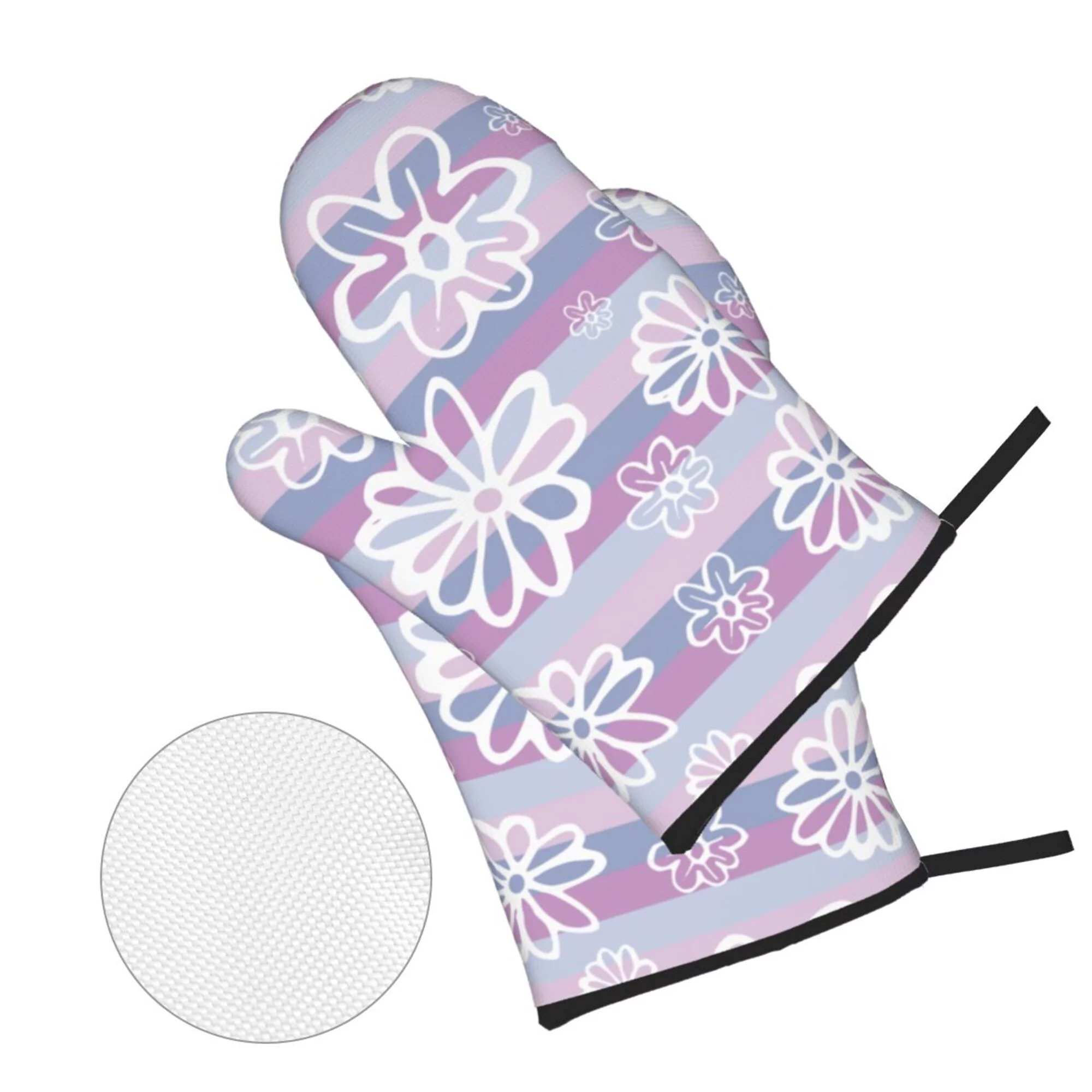 Purple Striped Flowers Oven Mitts and Pot Holders Sets Baking Sets for Kitchen BBQ Gloves Heat Resistant Cooking Line Art 4 Pieces