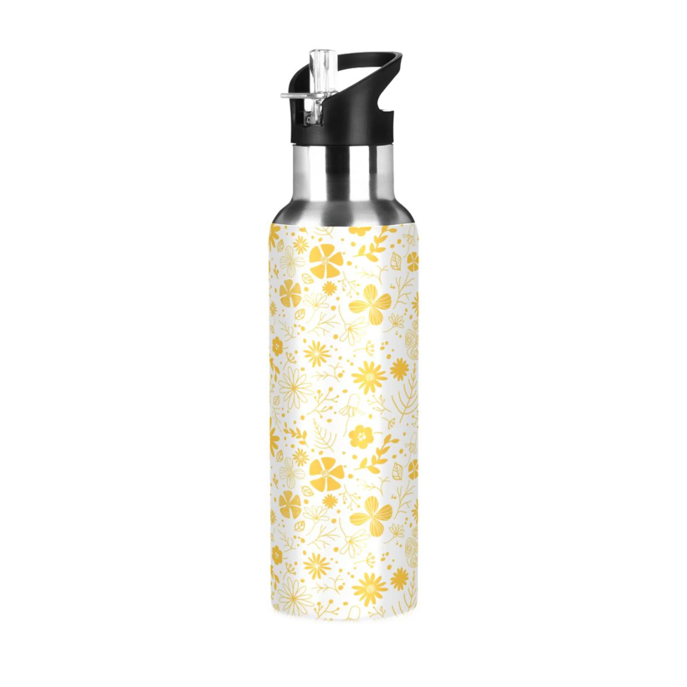 Water Bottle with Straw Lid Leak Daisy Chamomile Floral Stainless Steel Insulated Thermos Vacuum Flask for Cold Hot Drinking for Sports Camping Gym Yoga