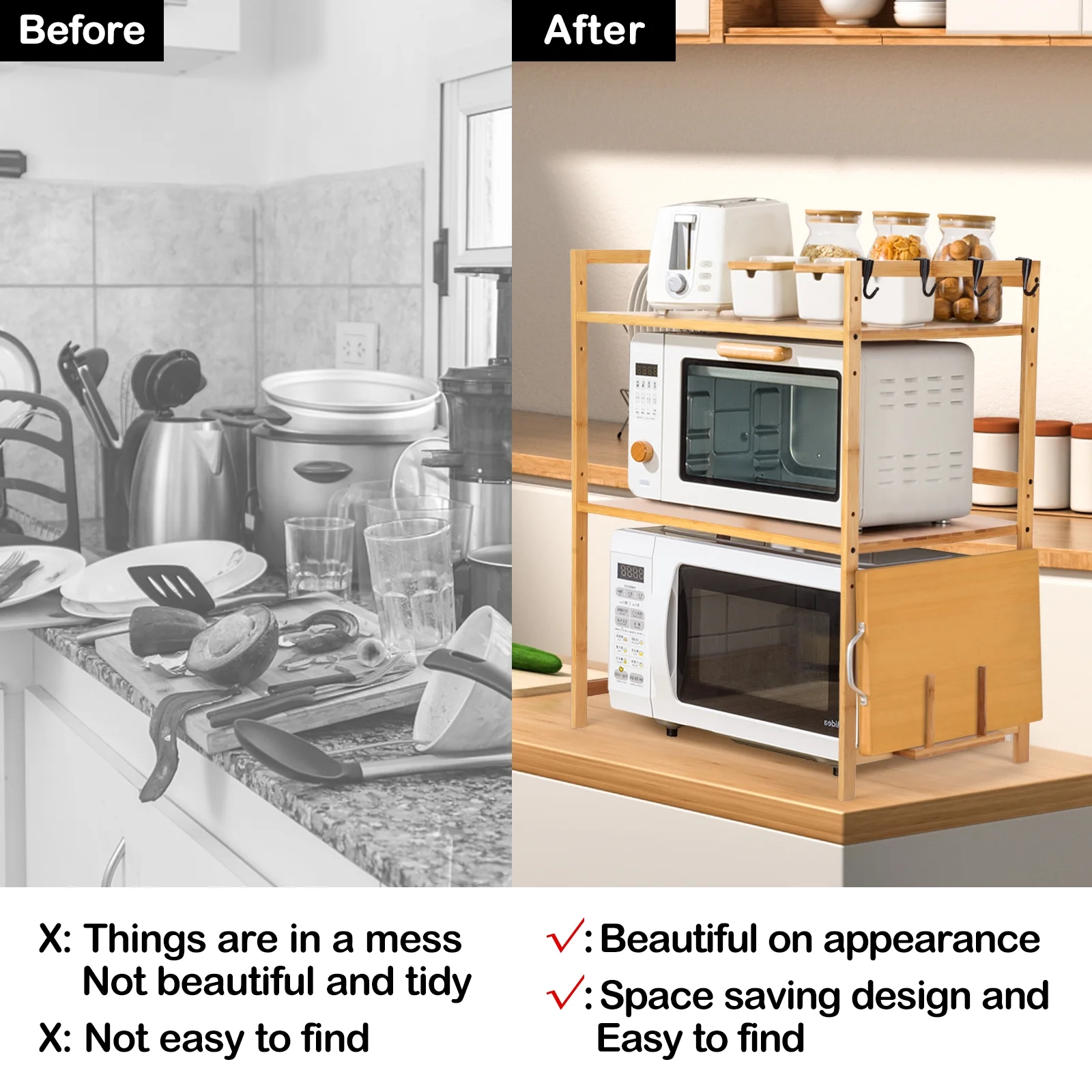 tonchean 3-Tier Microwave Oven Rack with 4 Hooks, Bamboo Bakers Rack for Modern Kitchen