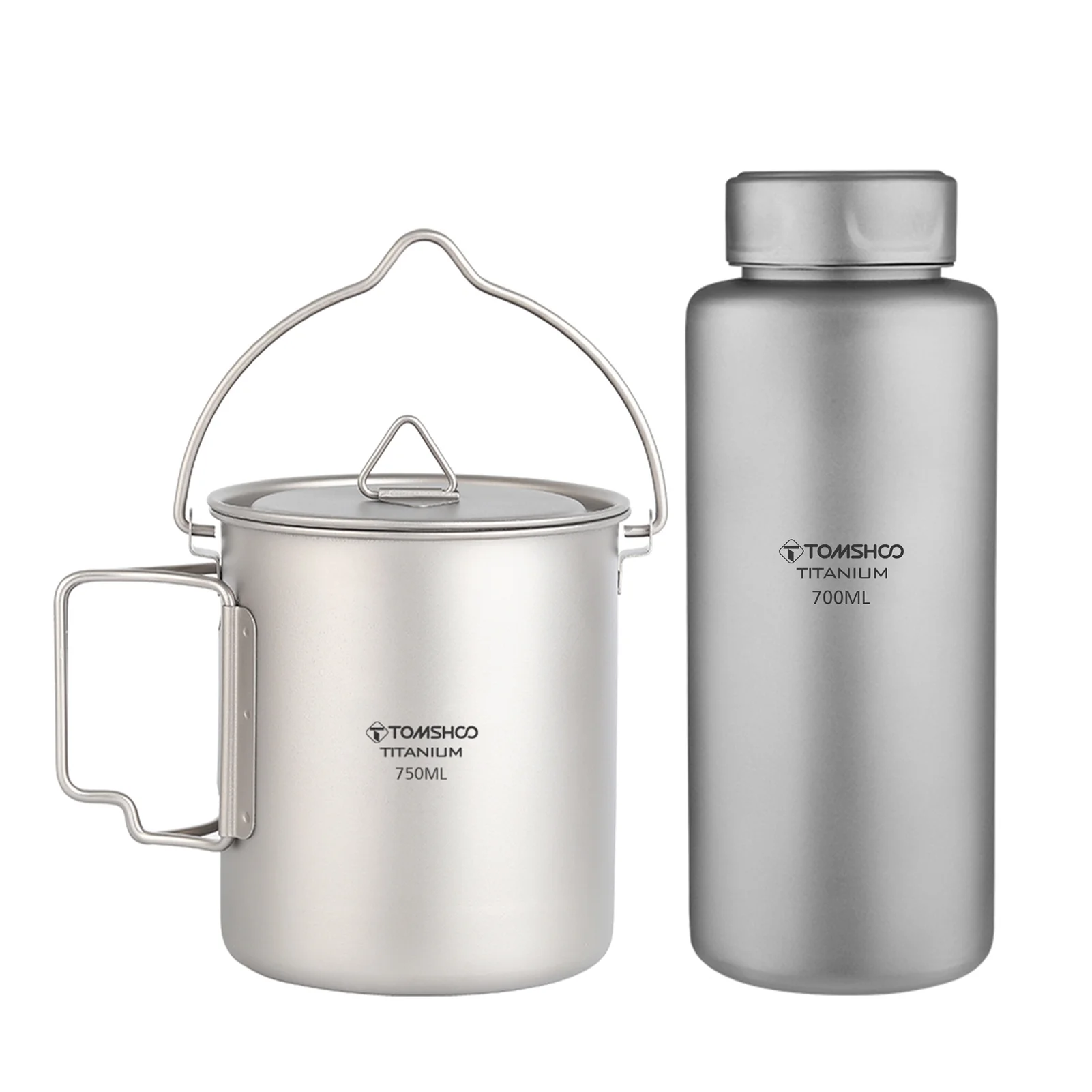 TOMSHOO 700ml Titanium Water Bottle Lightweight Leak-proof Sport Water Bottle with 750ml Hanging Pot Camping Hiking Backpacking
