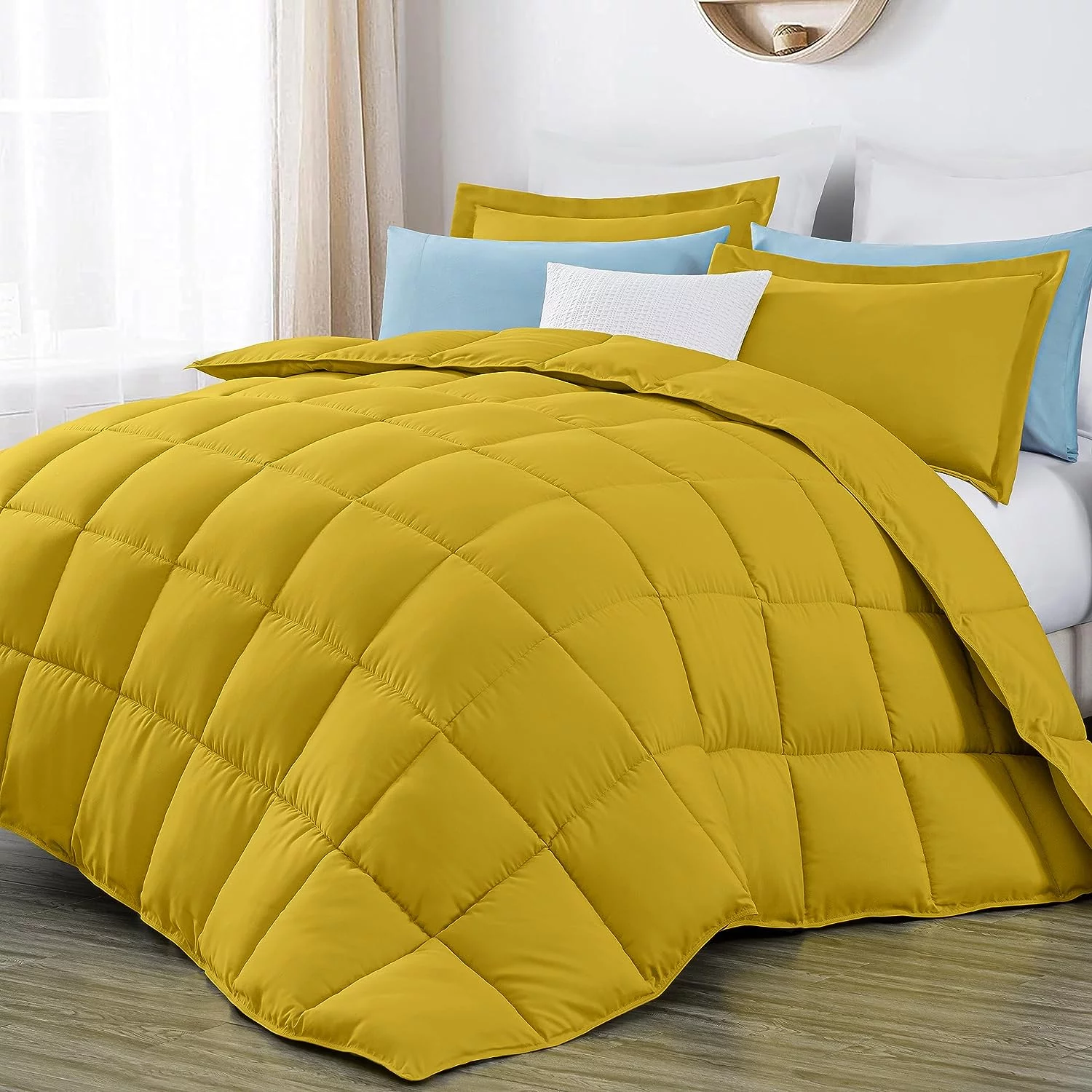 Chezmoi Collection 3-Piece Mustard Comforter Set King Size, 110GSM Peach Skin Microfiber Polyester, Lightweight Duvet Insert All Season Down Alternative Comforter