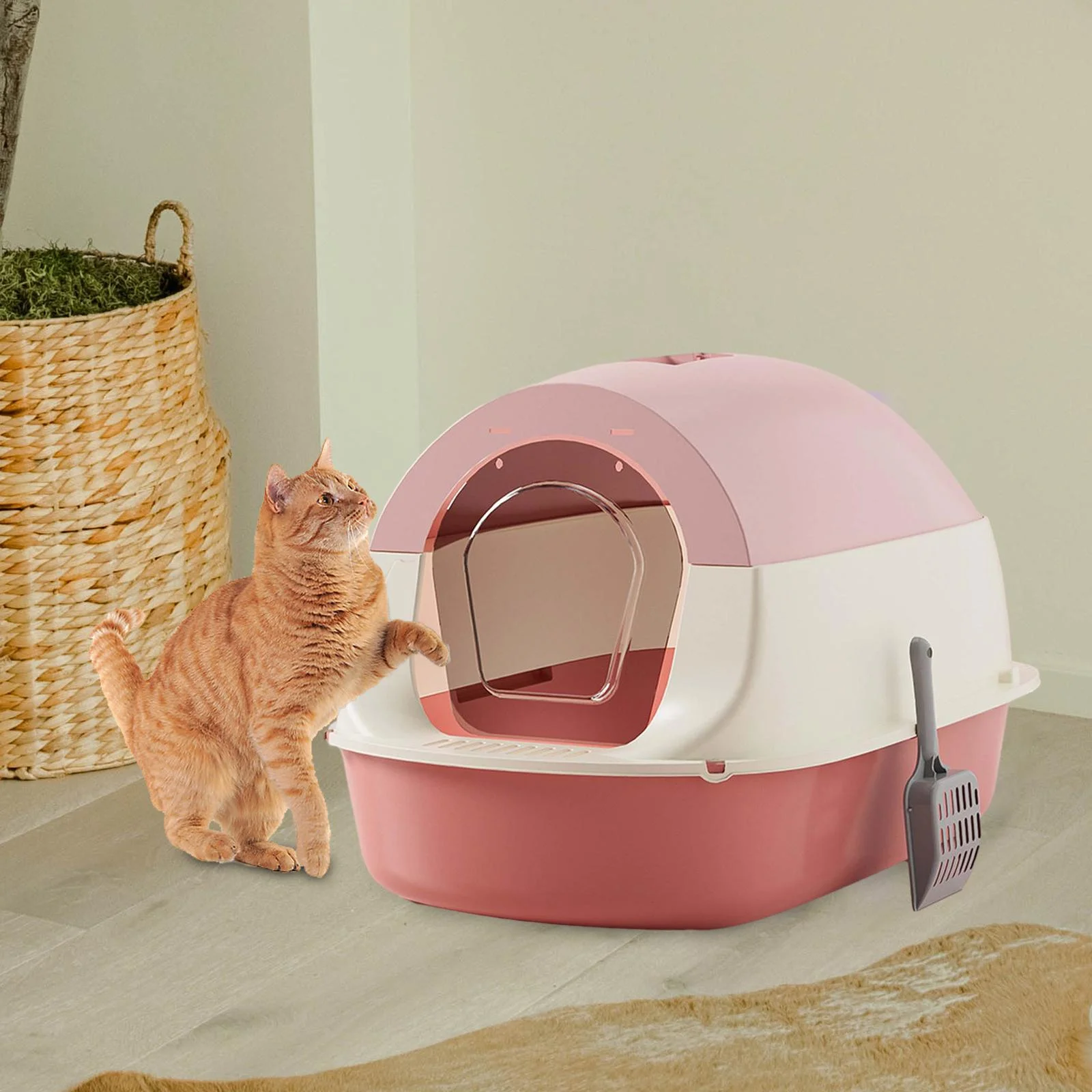 Hooded Cat Enclosed and Covered Cat Toilet Removable Kitten Potty Pink