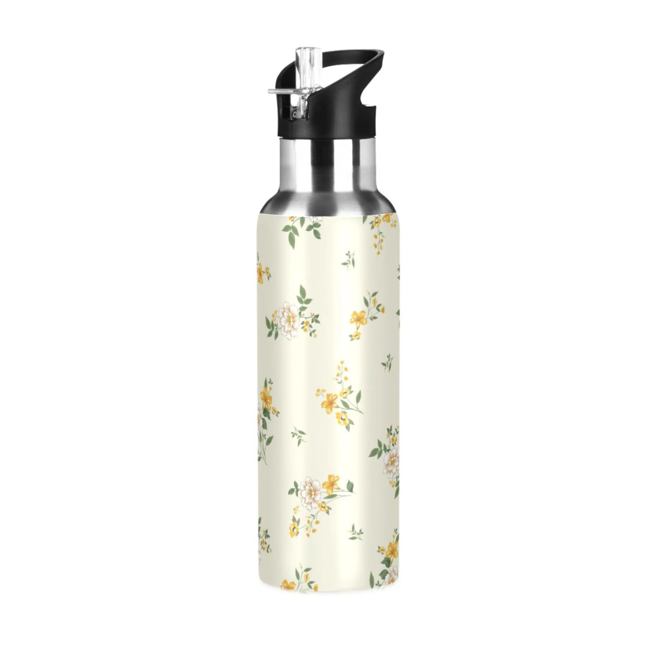 Water Bottle with Straw Lid Leak Flowers Floral on Yellow Stainless Steel Insulated Thermos Vacuum Flask for Cold Hot Drinking for Sports Camping Gym Yoga
