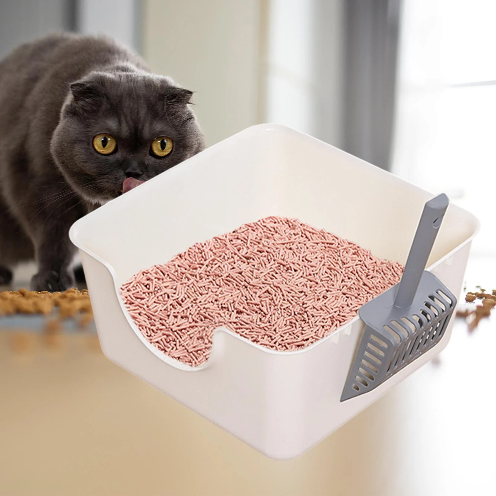 Gazechimp Open Litter Box Kitty Litter Pan Durable Easy to Cleaning U Shape Lowered Front white
