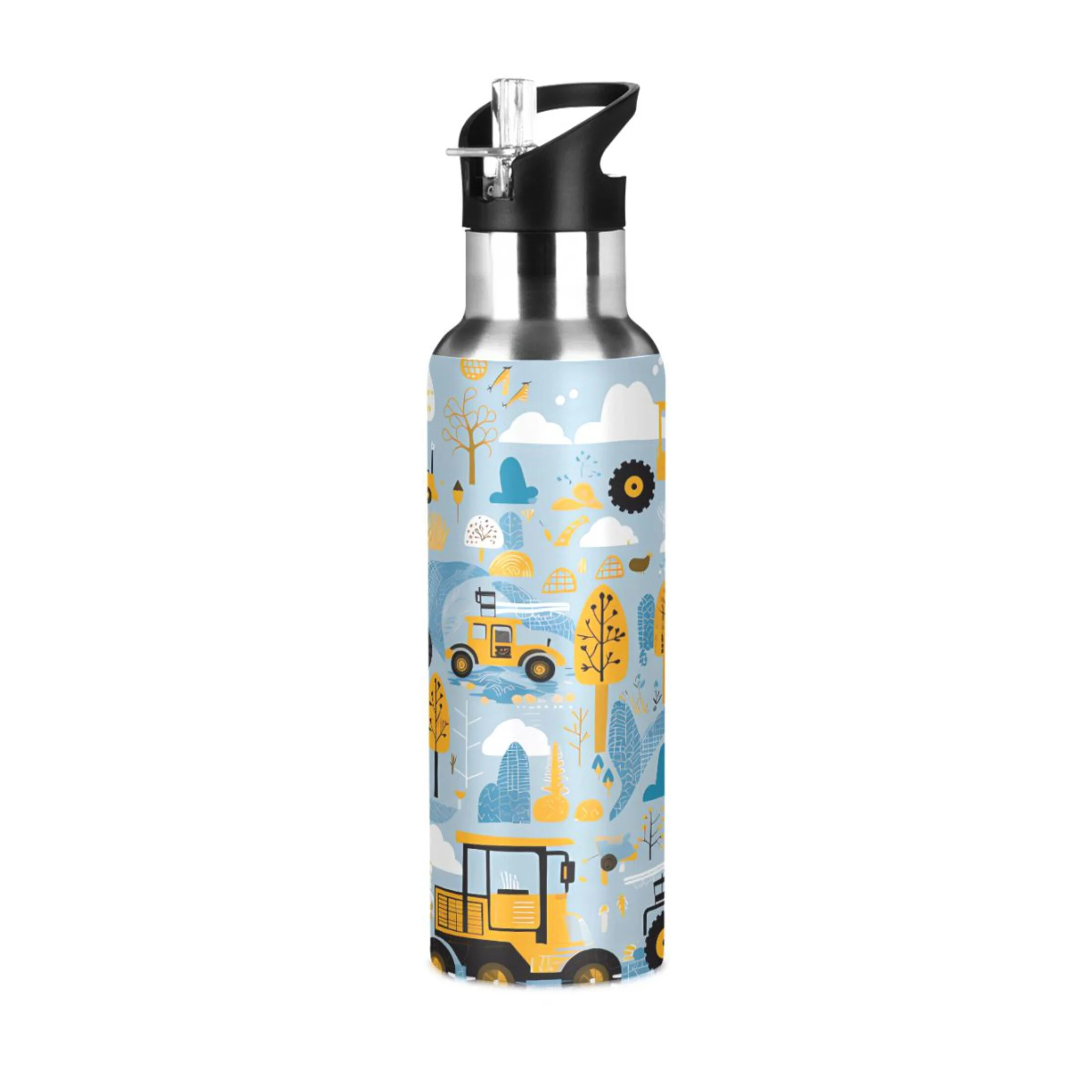 Water Bottle with Straw Lid Leak Cartoon Truck Excavator Stainless Steel Insulated Thermos Vacuum Flask for Cold Hot Drinking for Sports Camping Gym Yoga