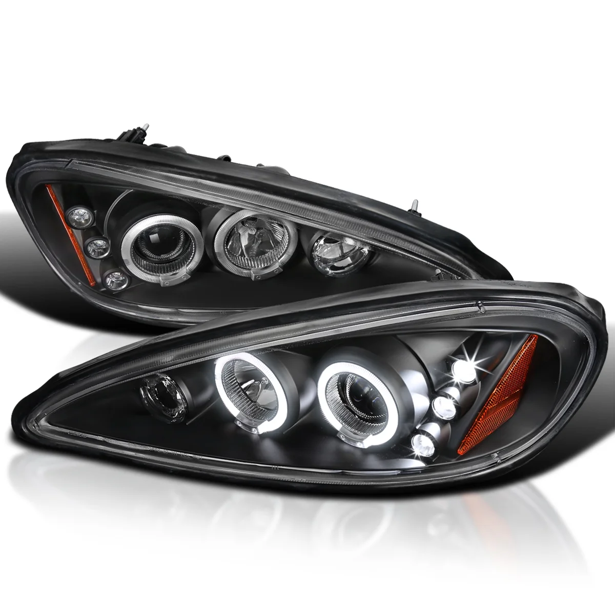 Spec-D Tuning Black Dual LED Halo Projector Headlights Compatible with 1999-2005 Pontiac Grand AM Left + Right Pair Headlamps Assembly