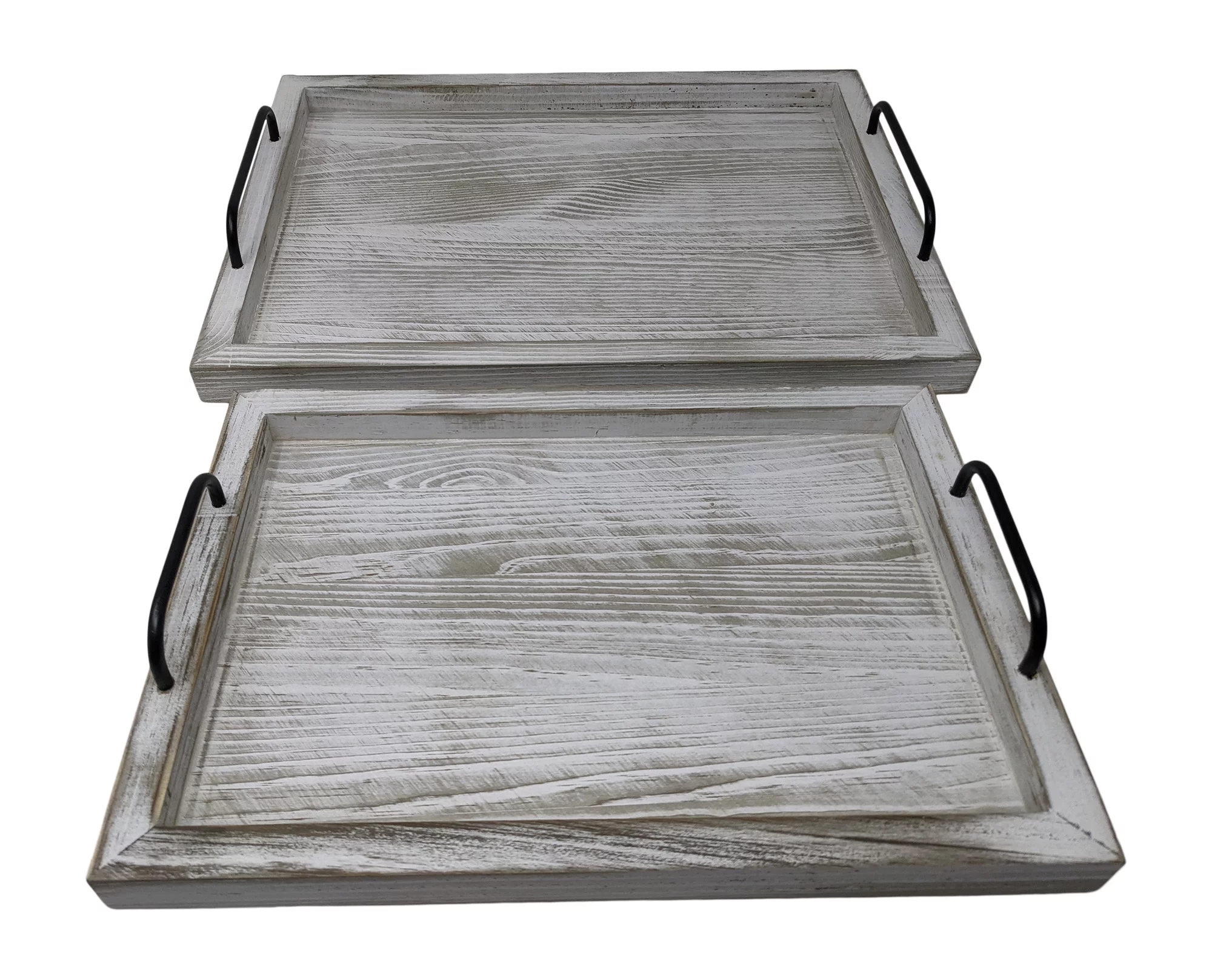 Gianna's Home Rustic Farmhouse Set of 2 Food Serving Trays with Metal Handles (Rustic White)
