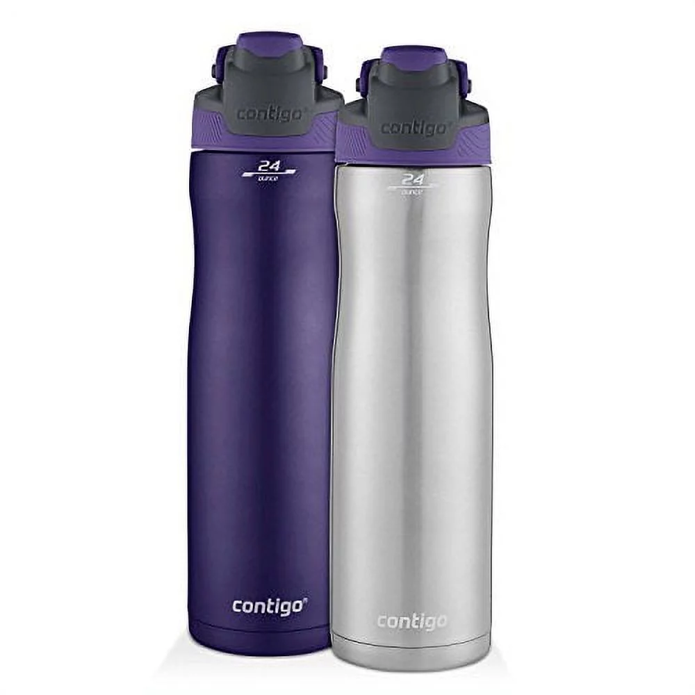 Contigo Autoseal Chill Stainless Steel Water Bottles, 24 Oz, SS/Grapevine & Grapevine, 2-Pack Grapevine Lid/Grapevine 24oz Bottle