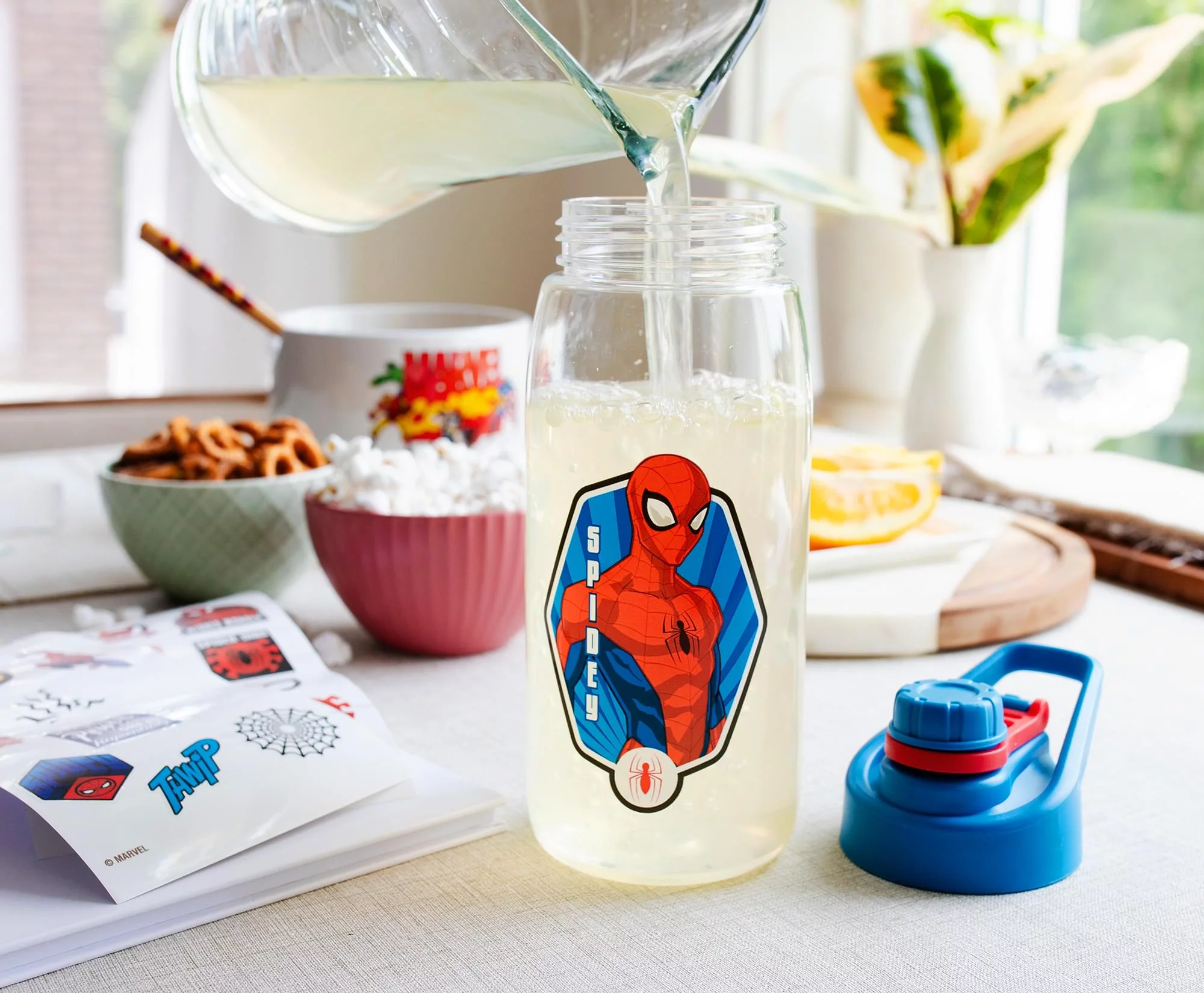 Marvel Comics Spider-Man Hinged Handle Plastic Water Bottle and Sticker Set