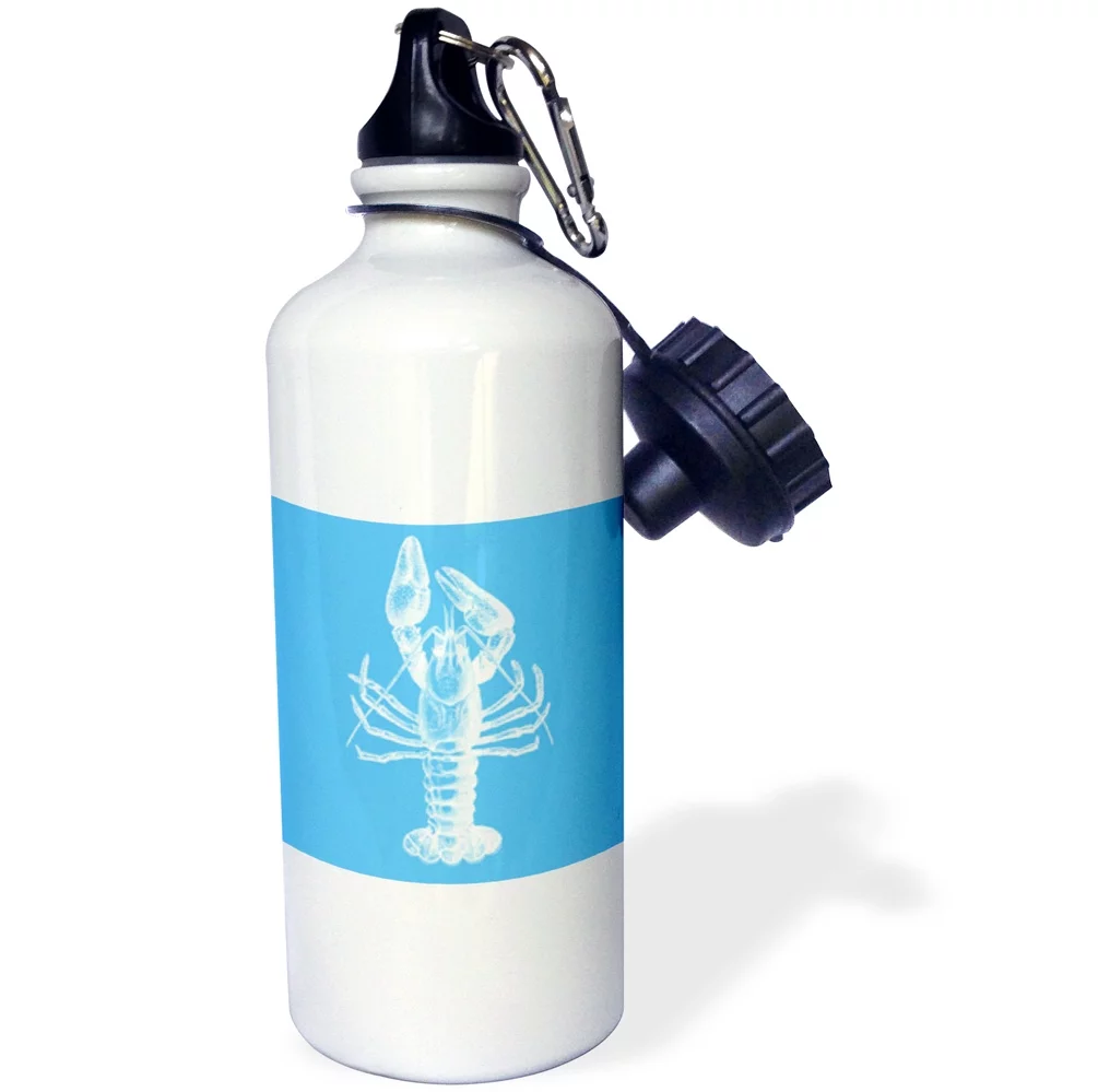 3dRose Crayfish white print on bright nautical blue - sea beach ocean seafood, Sports Water Bottle, 21oz