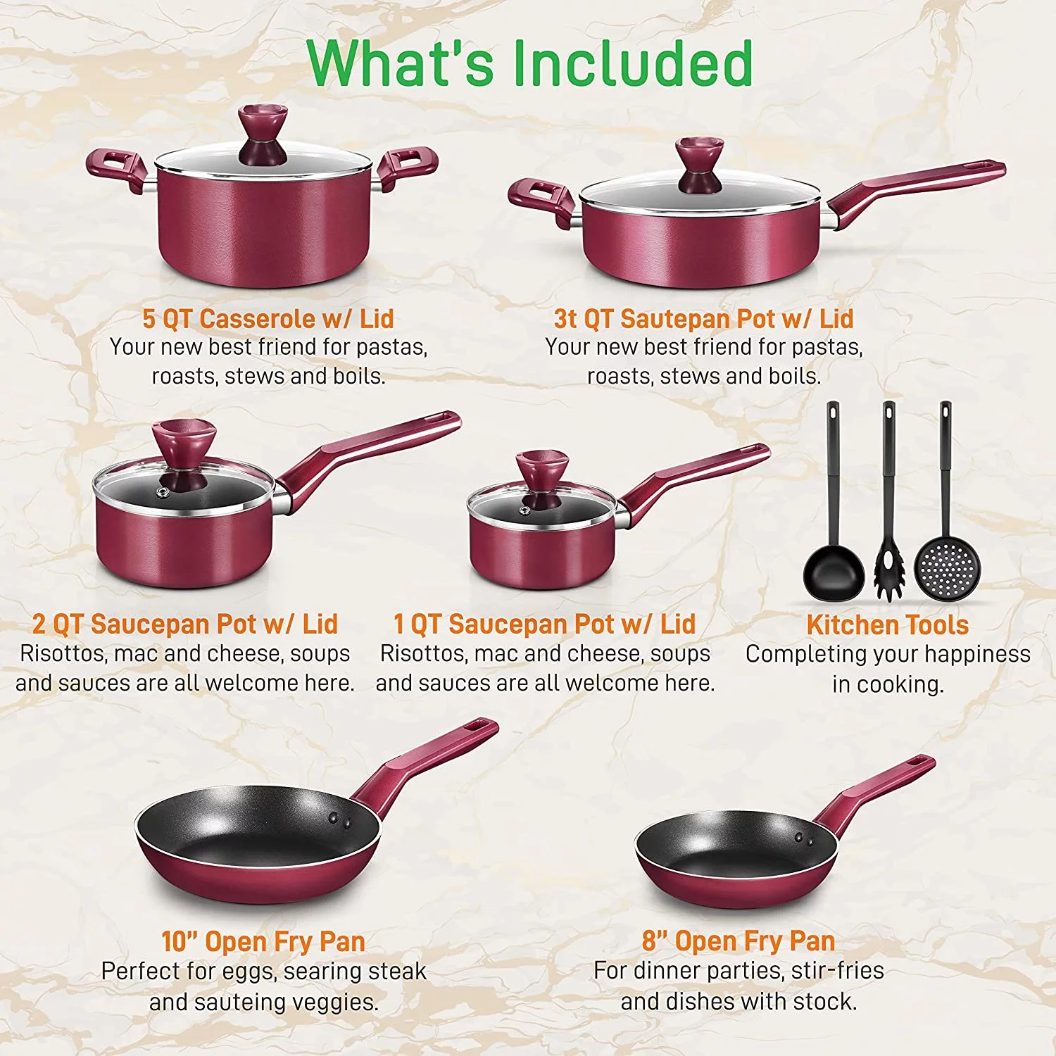 13-Piece Nonstick Kitchen Cookware Set - PTFE/PFOA/PFOS-Free Heat Resistant Kitchen Ware Pots Pan Set w/ Saucepan, Frying Pans, Cooking Pots, Casserole, Lids, Ladle, Fork, Strainer, red -NCCWA13RD.5