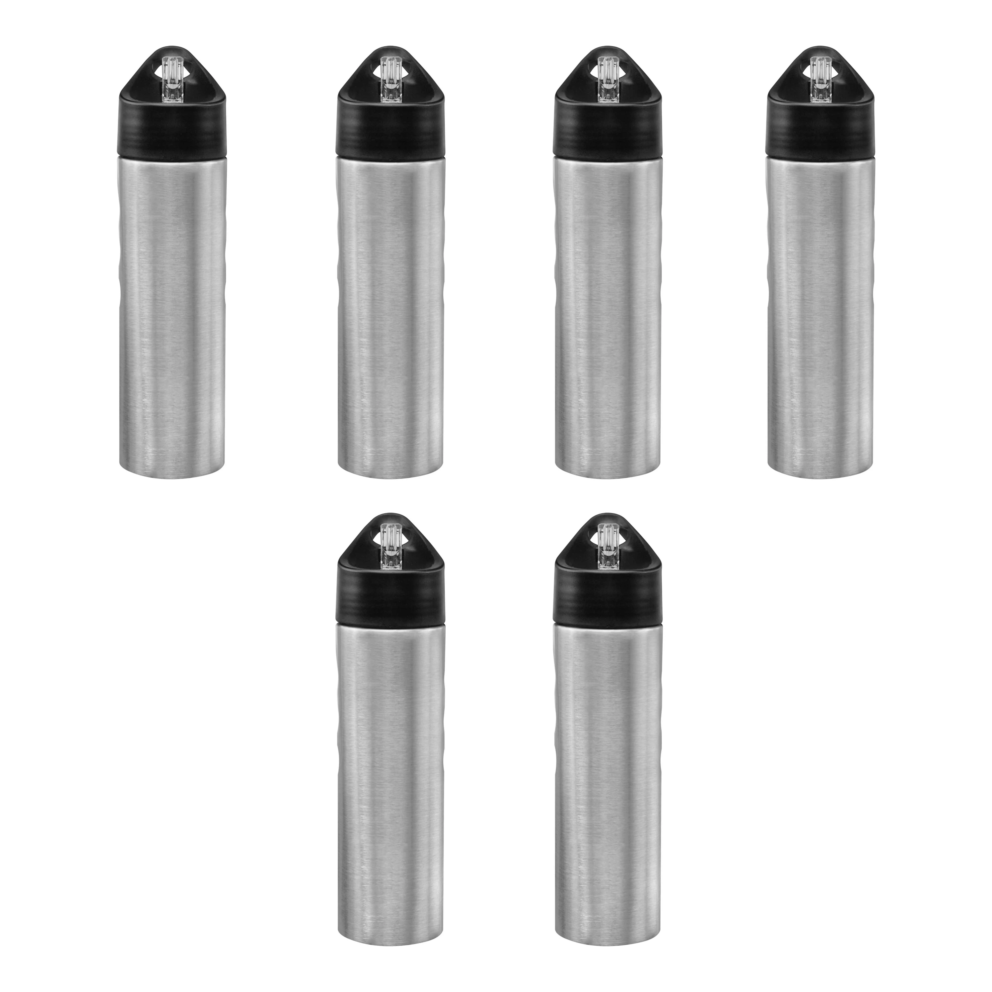 Slim Stainless Steel Water Bottles 25 oz, 6 pack, Reusable Gym Sports Bulk Pack, Silver