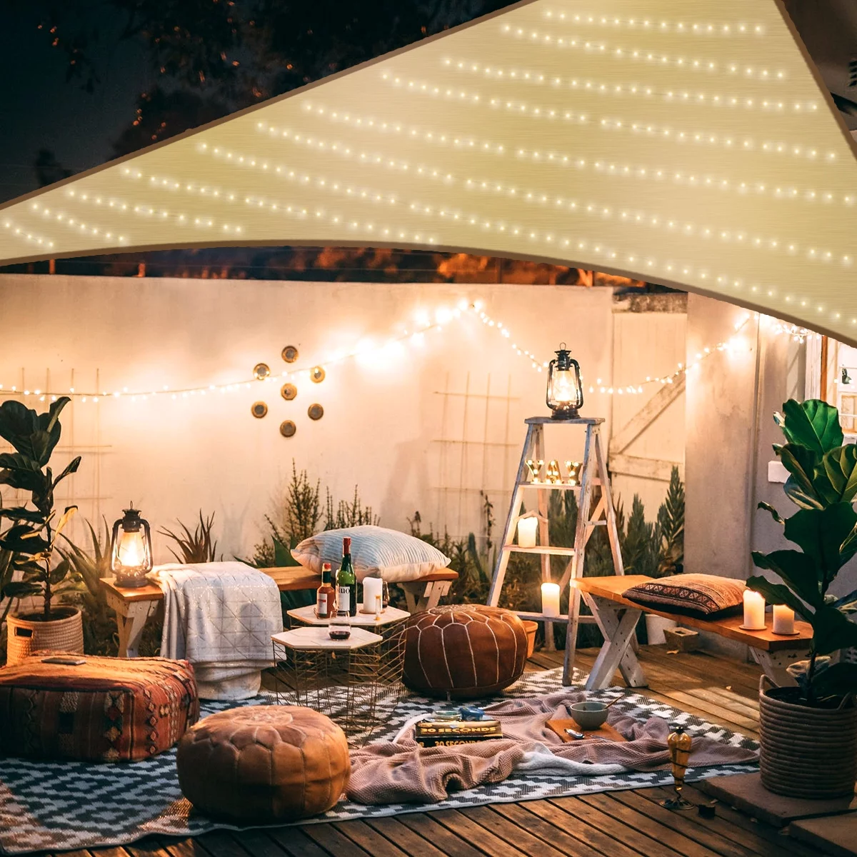 Brizi Living 10 x 10 x 10 Ft Waterproof Triangle Sand Sun Shade Sail with Led Light,Windproof UV Block Canopy for Christmas Party,Garden,Backyard,Outdoor Facility-Includes Rope,Beige