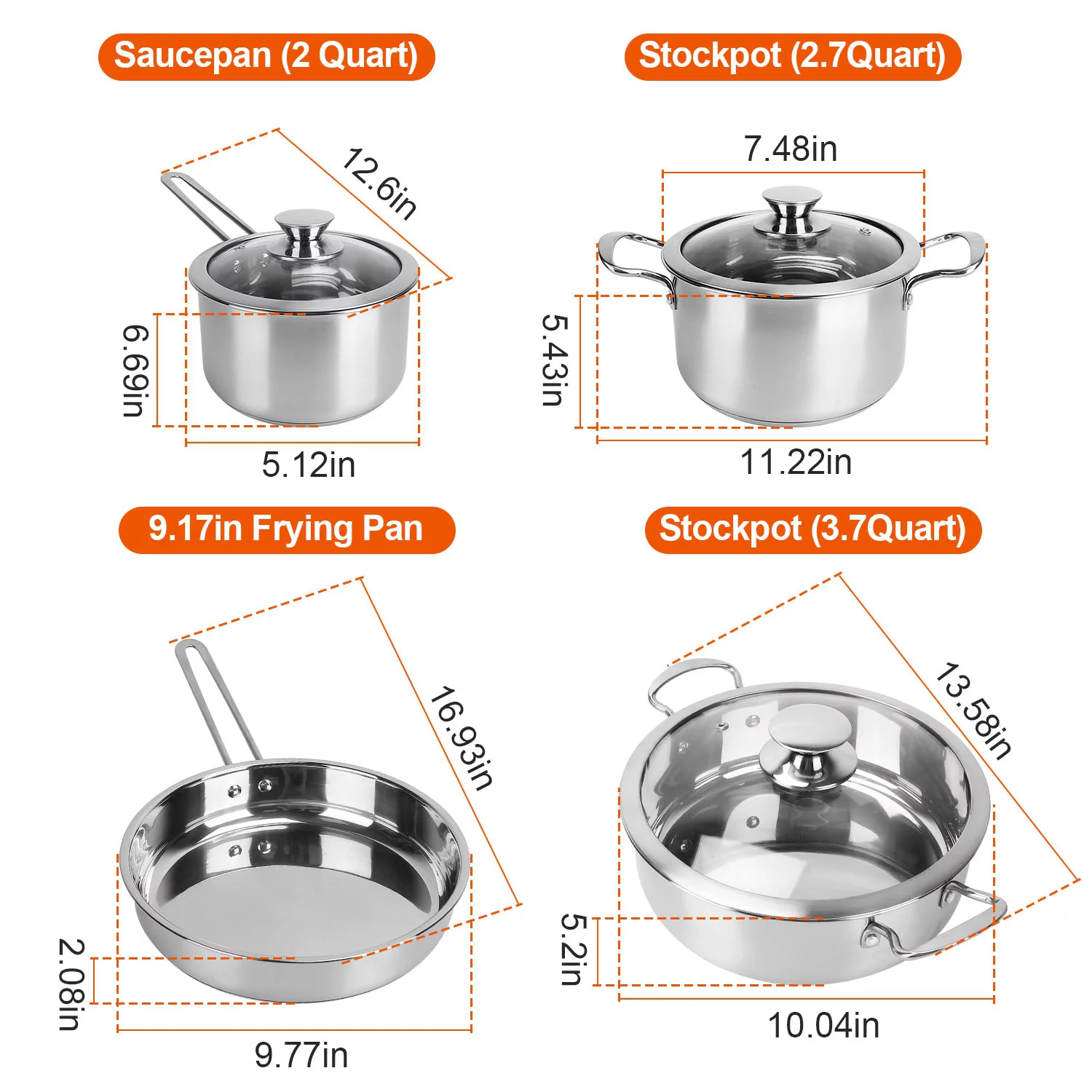 iMounTEK Pots and Pans Set, 7-Piece, 18/8 Stainless Steel Cookware Set, Includes Saucepan, Skillet, Stockpots, Cooking Set with Glass Lids