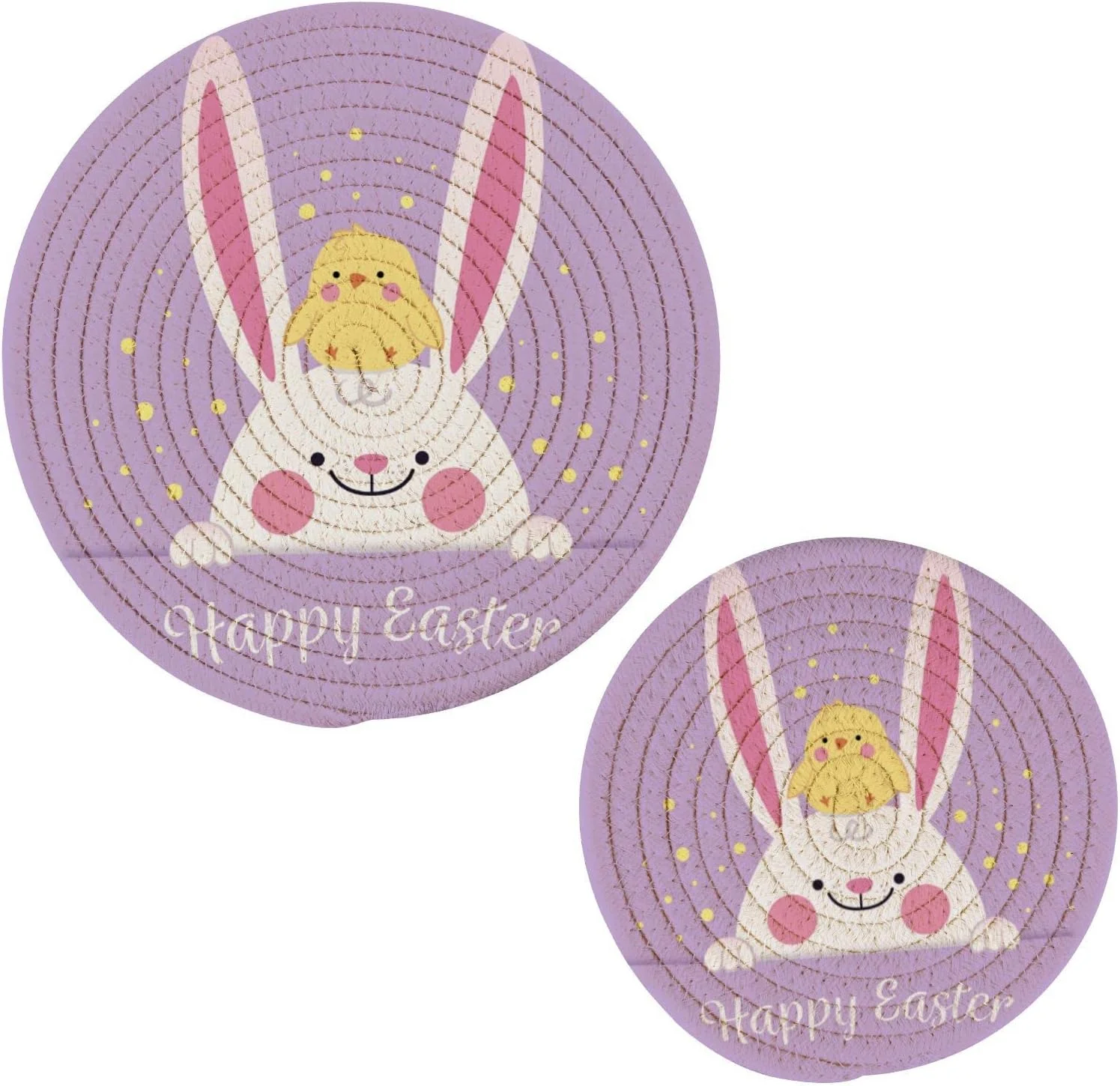 GZHJMY Cute Rabbit Chick Easter Heat Resistant Trivets Potholders 2PCS, Round Cotton Weave Handmade Pot Holder, Non-Slip Hot Mats Kitchen Dining Plate Mat43 for Kitchen Pans Bowl Teapot