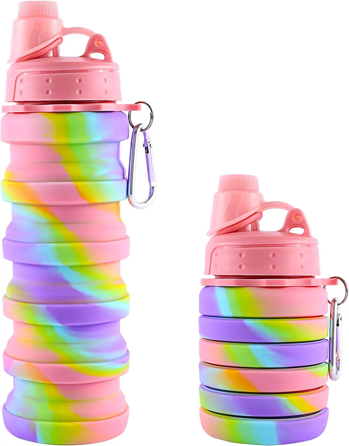 2 Pack of Collapsible Sports Water Bottles for Kids, Adults, Students, Reusable Silicone Foldable Water Bottles for Travel Camping Hiking, Pink and Black