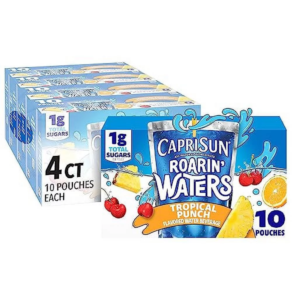 Capri Sun Roarin, Waters Tropical Punch Flavored Water Kids Beverage 6 Fl Oz, 10 Count (Pack Of 4) Package May Vary