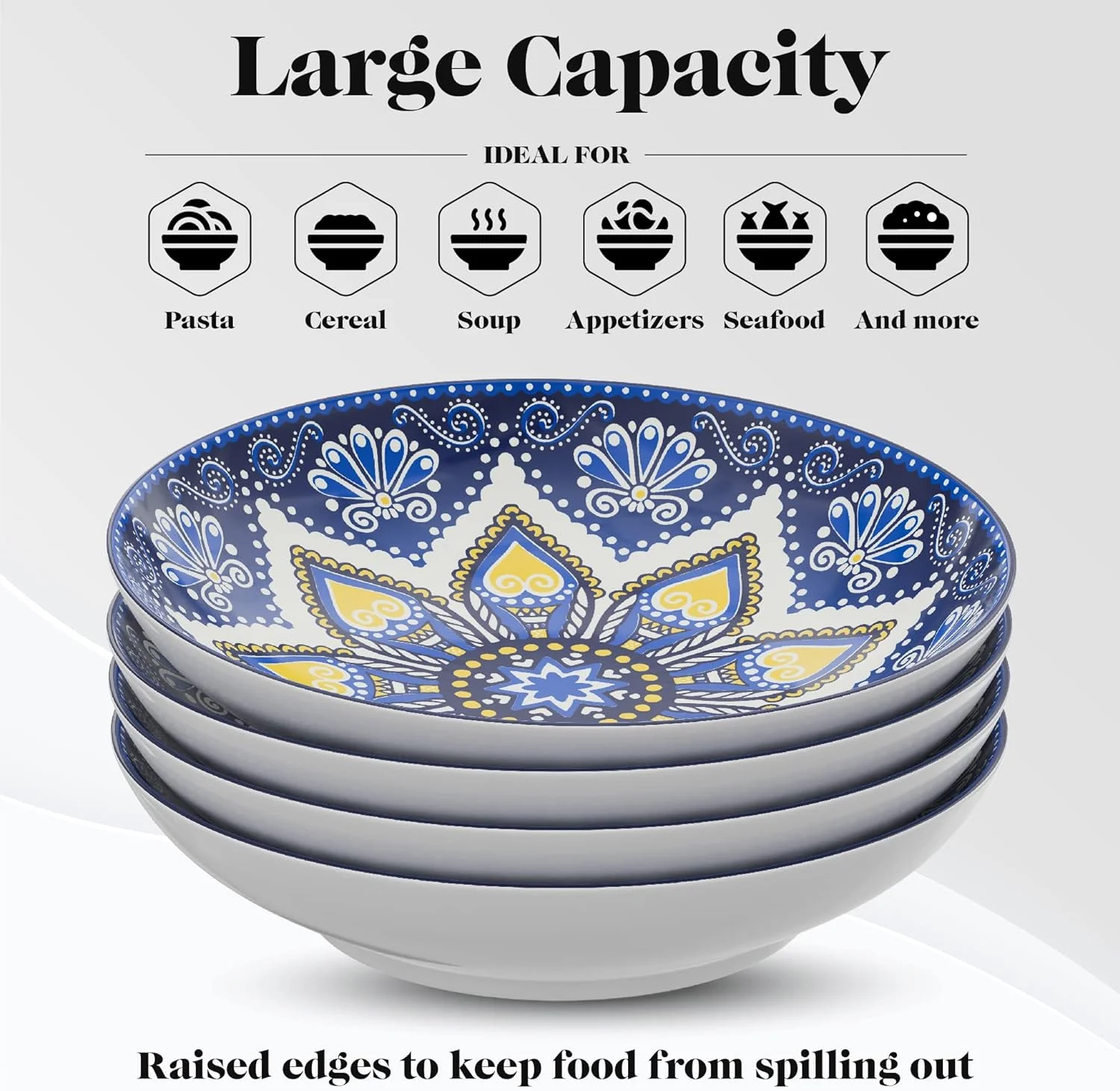 Pasa Bowls | Se Of 4 | Large, 9-Inch, Dinner Serving Plaes | Wide And Shallow Bowls Se For Pasa, Salad, Soup, Spaghei, Sews, Or Cereal | Blue & Yellow Medallion Moif