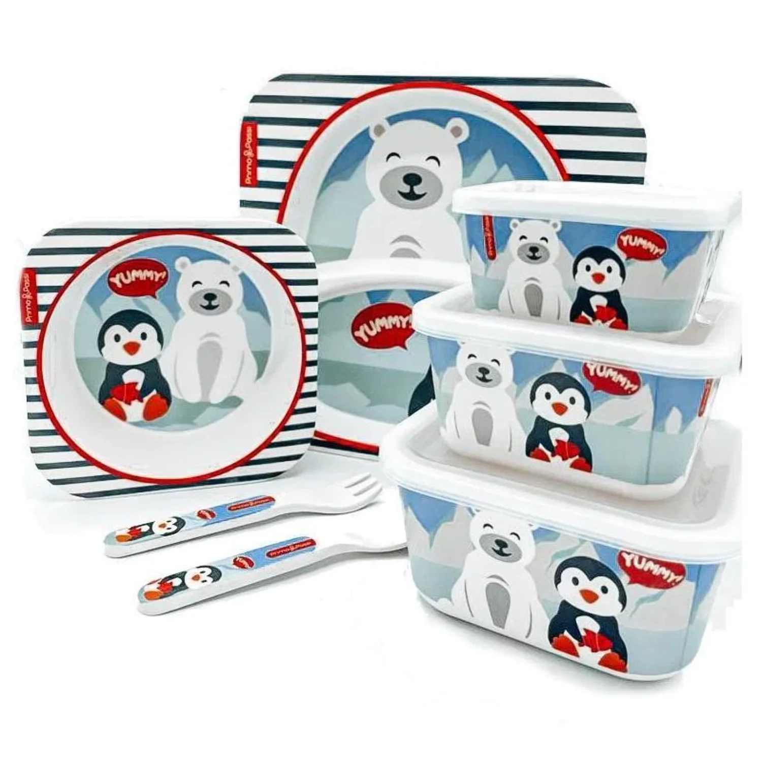 Primo Passi - Bamboo Fiber Kids Super Combo - Divided Square Plate, Square Bowl, ForkSpoon, And 3 Food Container With Lids - Winter Friends