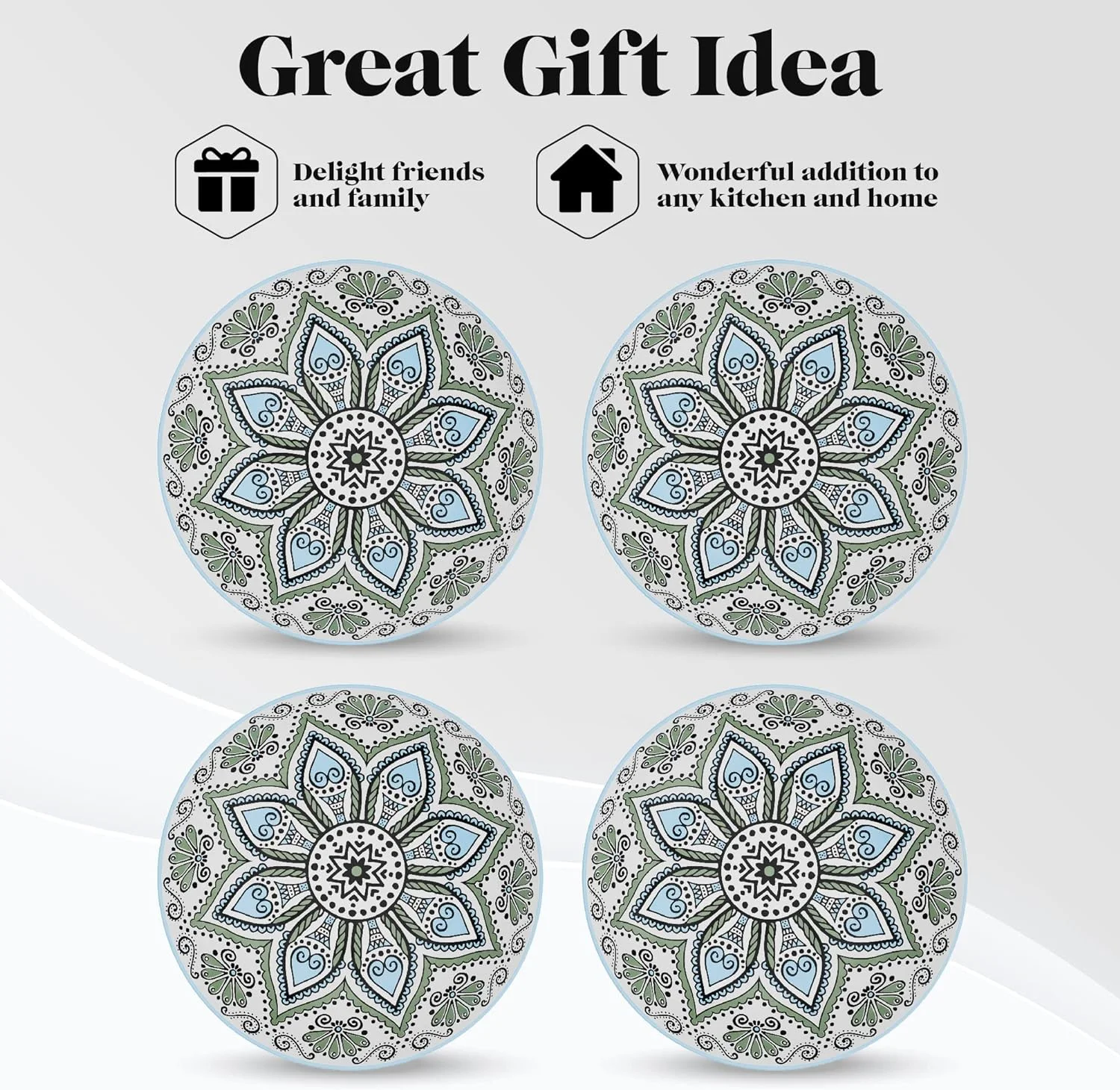 Pasa Bowls | Se Of 4 | Large, 9-Inch, Dinner Serving Plaes | Wide And Shallow Bowls Se For Pasa, Salad, Soup, Spaghei, Sews, Or Cereal | Medallion Moif (Blue & Whie)