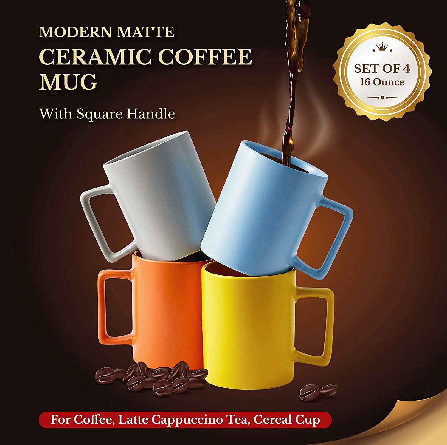 Bruntmor Modern Matte Large 16 Oz Ceramic Coffee Mug Set Of 4 Cups For Coffee