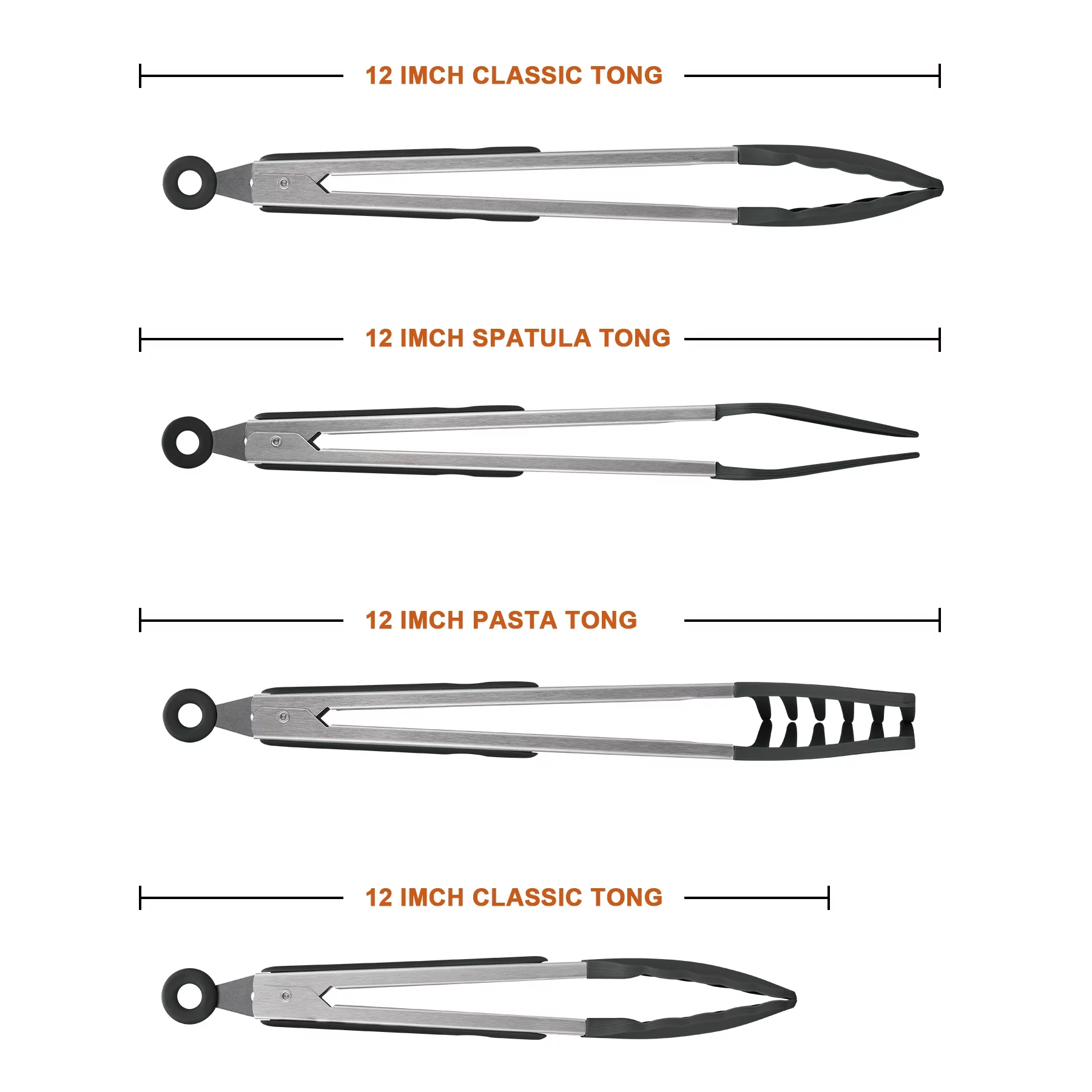 4in1 Stainless Steel Kitchen Food Tongs Set for Cooking with BPA Free Silicone Tips, Toaster Steak Pie Pizza Pasta Spaghetti Noodles Salad Fruit Vegetable Grill BBQ Buffet Clamp Serving Tools Gadgets