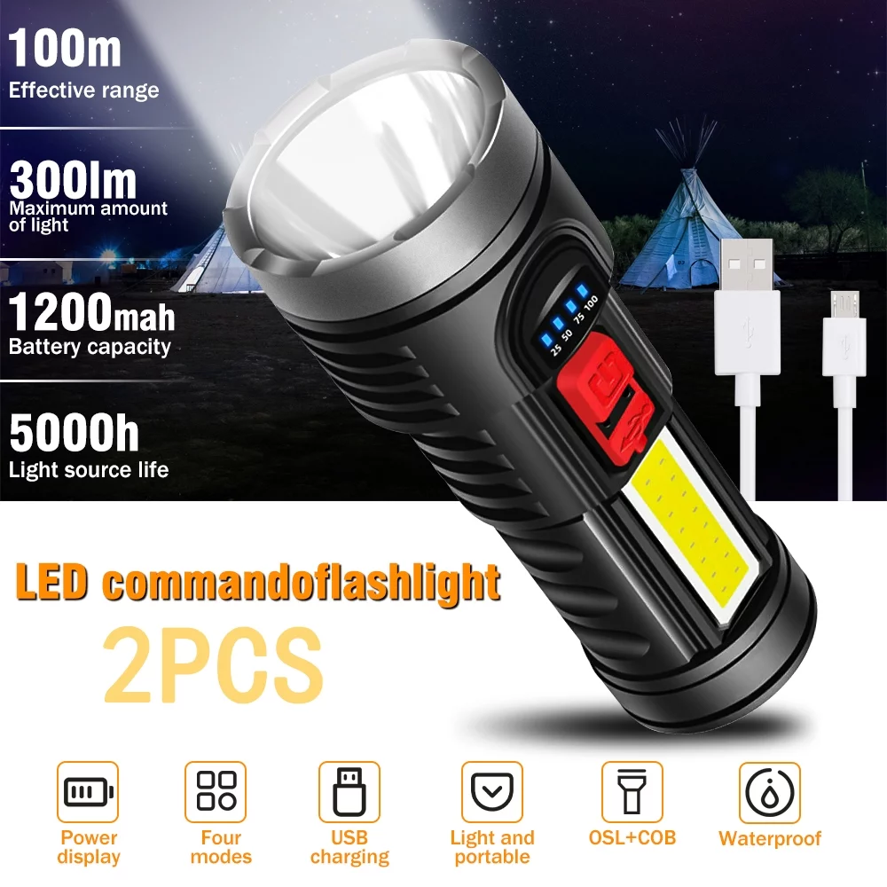 Super Bright 10000000LM Torch Led Waterproof Flashlight USB Rechargeable Tactical light,Portable Handheld Lights for Outdoor Waterproof Emergency Camping Hiking - 2PCS