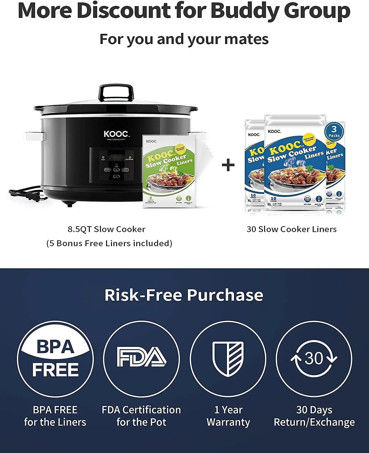[Bundle Group] YONG Programmable Slow Cooker 8.5-Quart (with 5 Bonus Free Liners) + Additional 3 Pack of 30 Liners for Easy Clean-up, Upgraded Pot, Adjustable Temp, Nutrient Loss Reduction