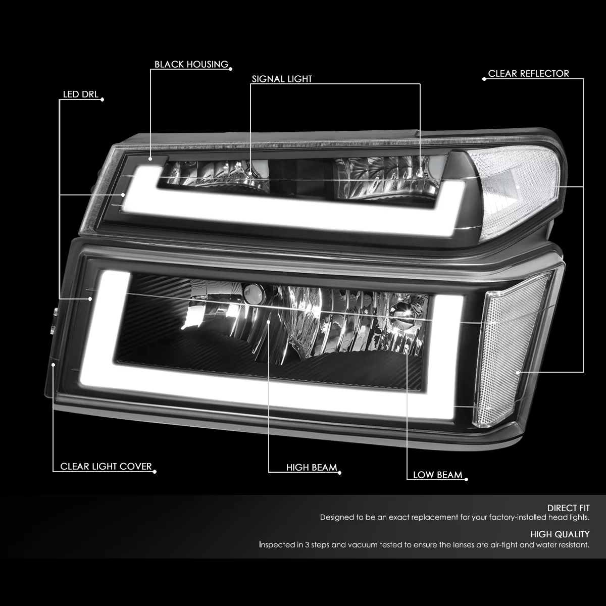 DNA Motoring HL-LB-CCOL044P-BK-CL1 For 2004 to 2012 Chevy Colorado GMC Canyon Pair Black Housing Clear Corner LED DRL Headlight Bumper Lamps 05 06 07 08 09 10 11