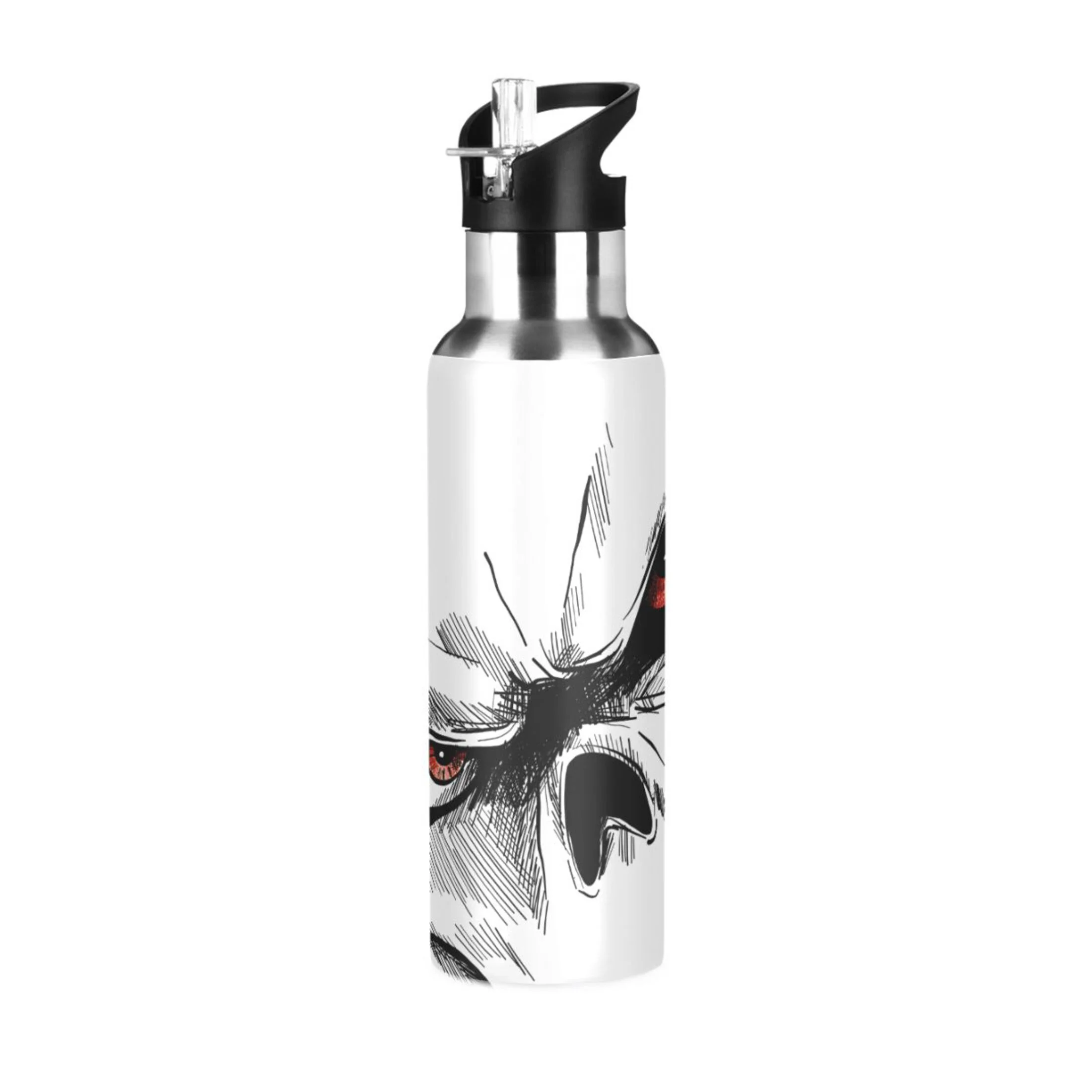 Water Bottle with Straw Lid Leak Skull with Red Eyes Cartoon Stainless Steel Insulated Thermos Vacuum Flask for Cold Hot Drinking for Sports Camping Gym Yoga