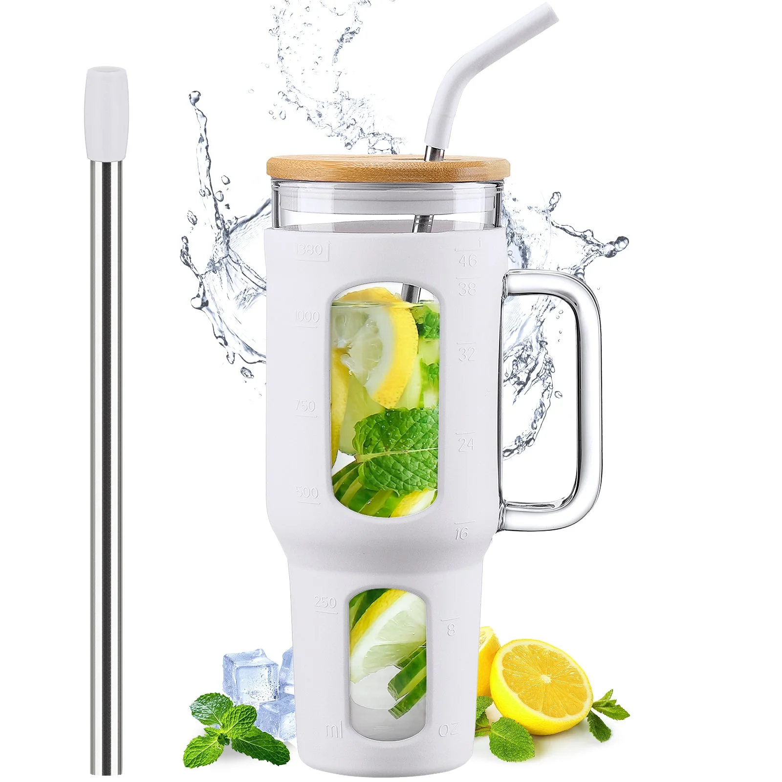 MUKOKO 46oz Glass Tumbler, Glass Water Bottles with Handle, Iced Coffee Cup Fits in Most Car Cup Holders, White