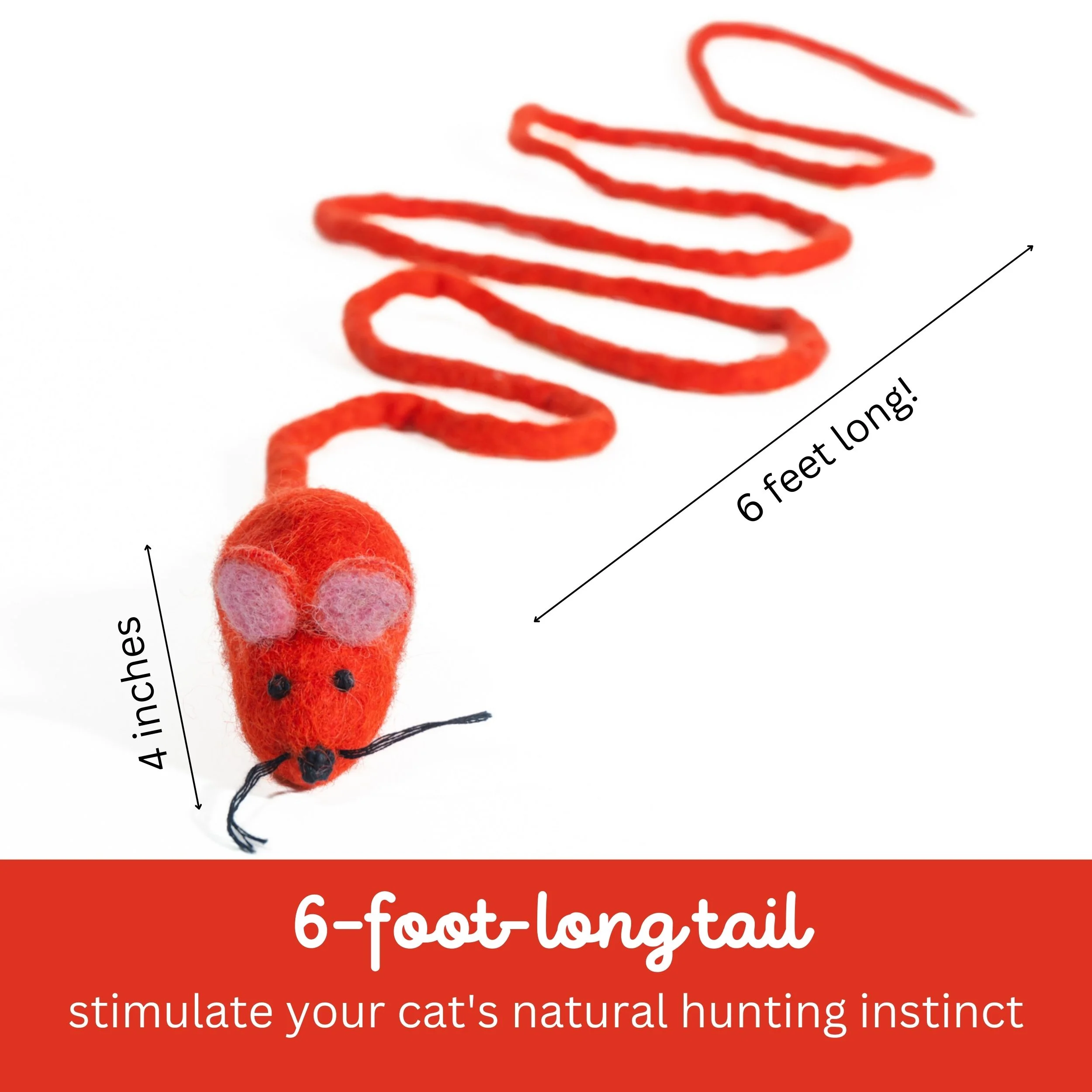 Cat in the Box Catch a Mouse by The Tail Wool Cat Mouse Toy with a 6-Foot Tail for Indoor Cats Kittens. Cute Cat Toy Mouse, Rat Plush Toy, Fake Mouse, Mice. No Catnip. (Christmas Red)