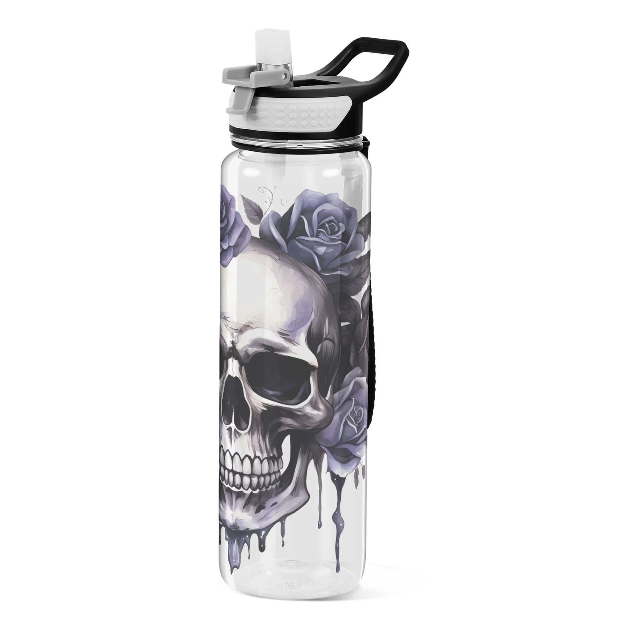 Skeleton with Purple Flowers 32oz Water Bottles with Straw Tritan Leakproof Sports Bottle BPA Free Clear for Fitness Gym Swimming Cycling