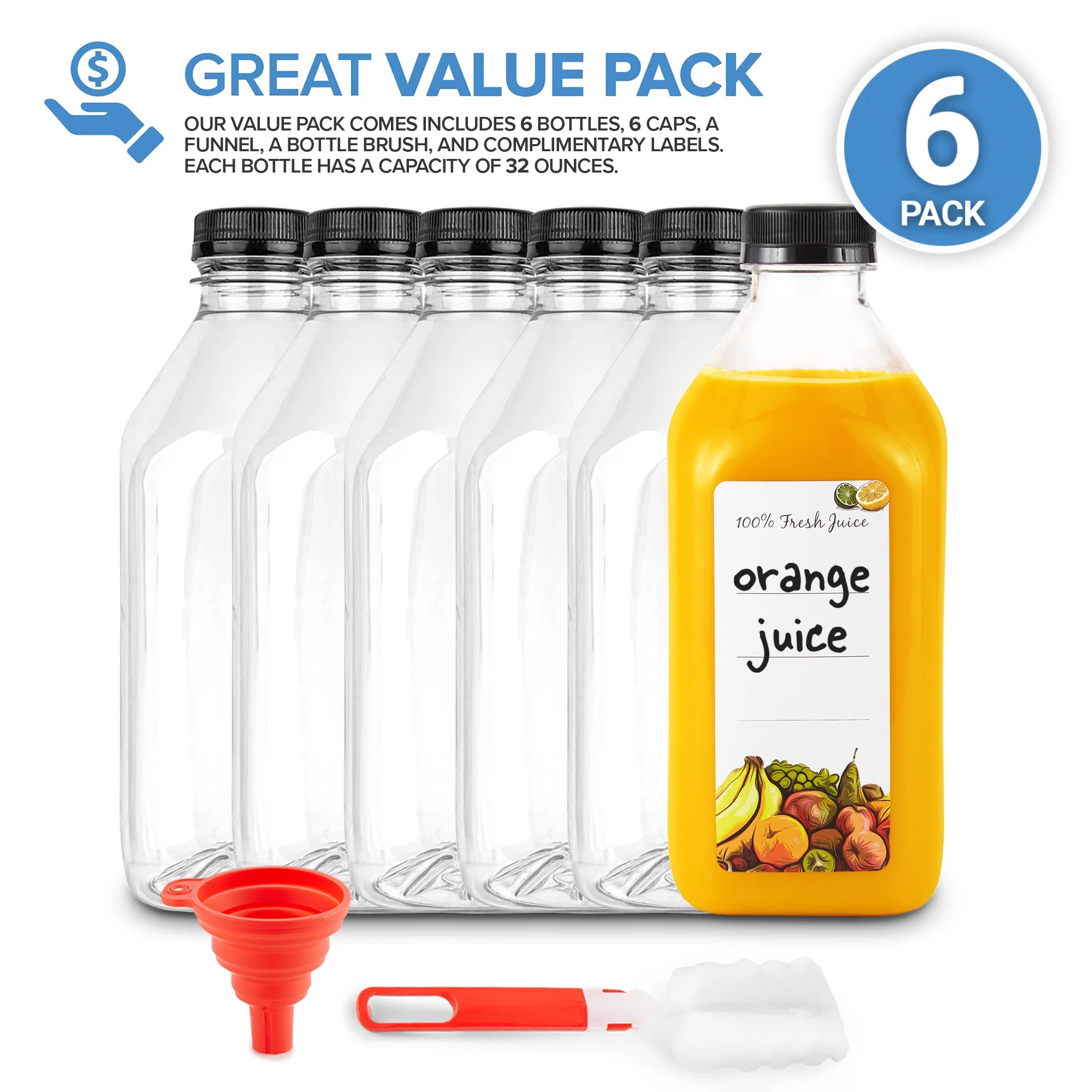 Stock Your Home 32oz 6 Pack Reusable Plastic Juice Bottles with Caps, Clear Smoothie Drink Container