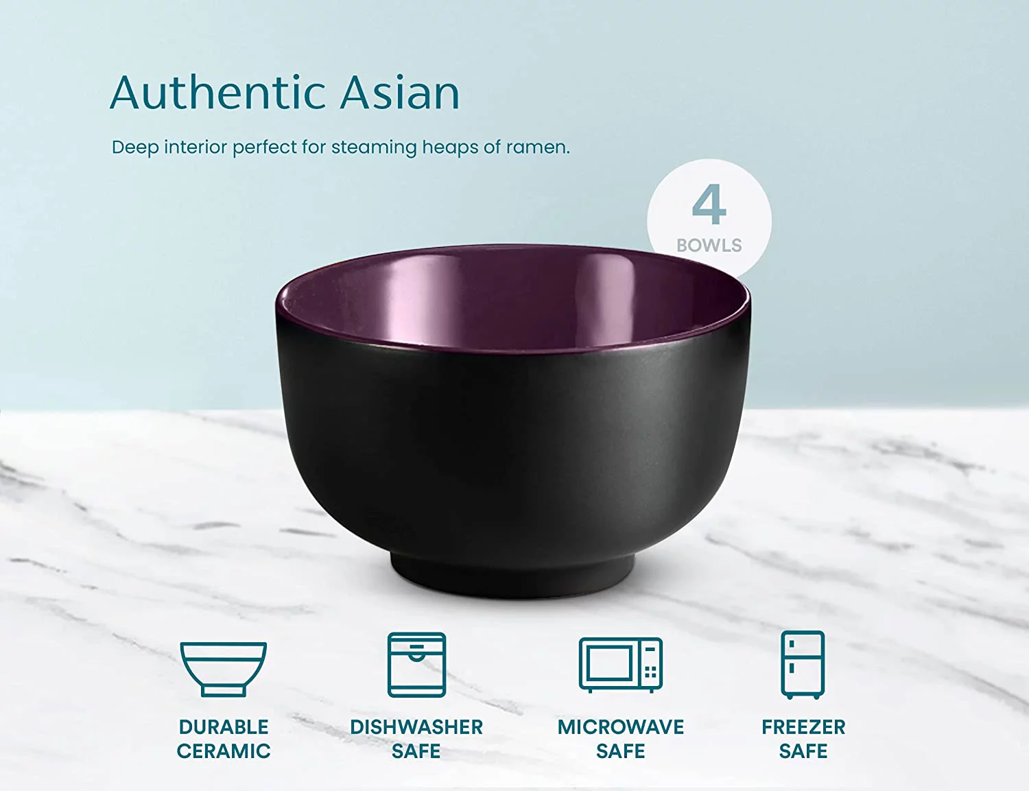 Kook Ceramic Japanese Noodle Bowl Set, 34 Oz, Set of 4, Eggplant Inside
