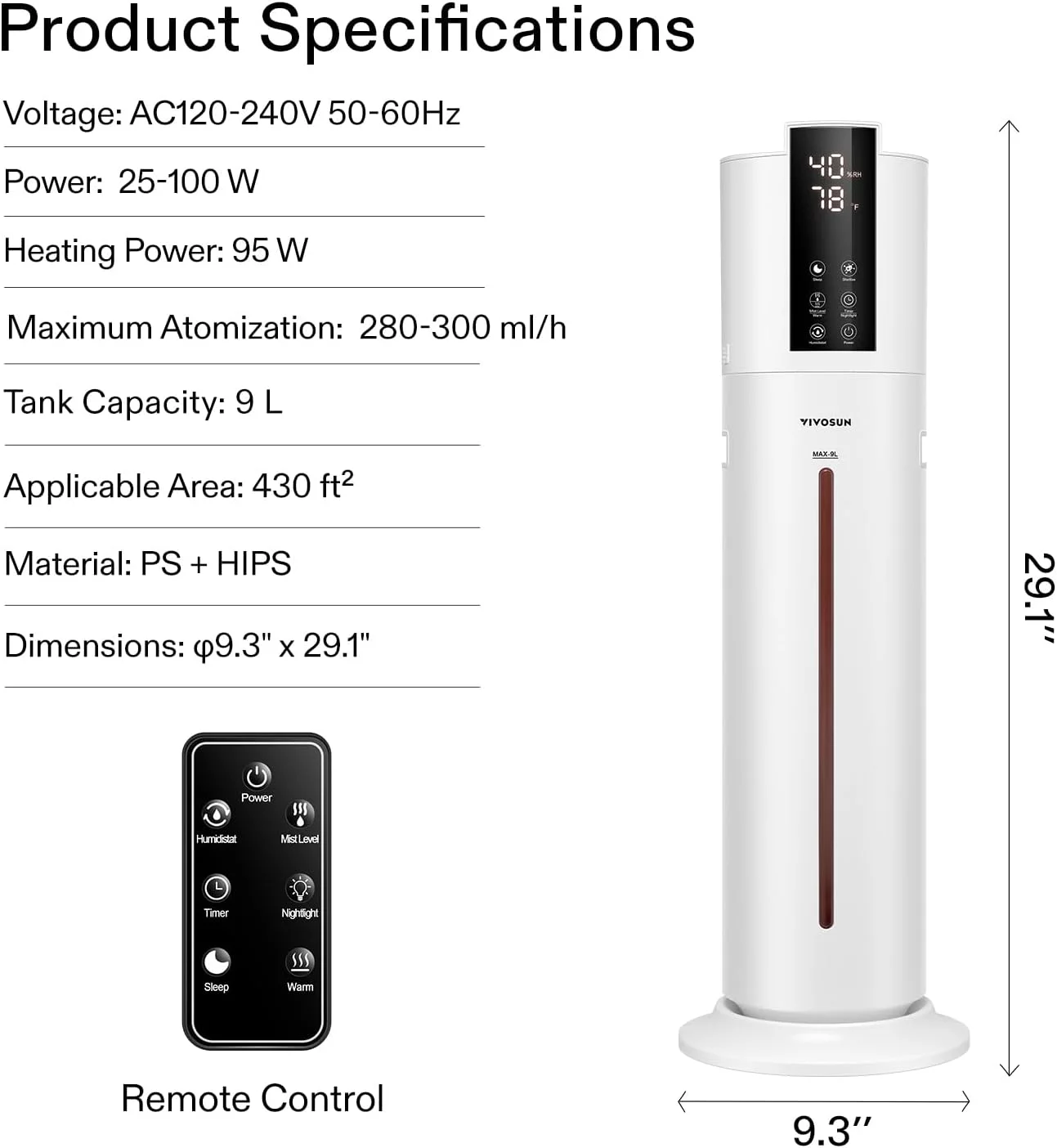 VIVOSUN 9L Air Humidifier, 2-in-1 Top Fill Cool & Warm Mist Humidifier, with Essential Oil Box & Remote Control