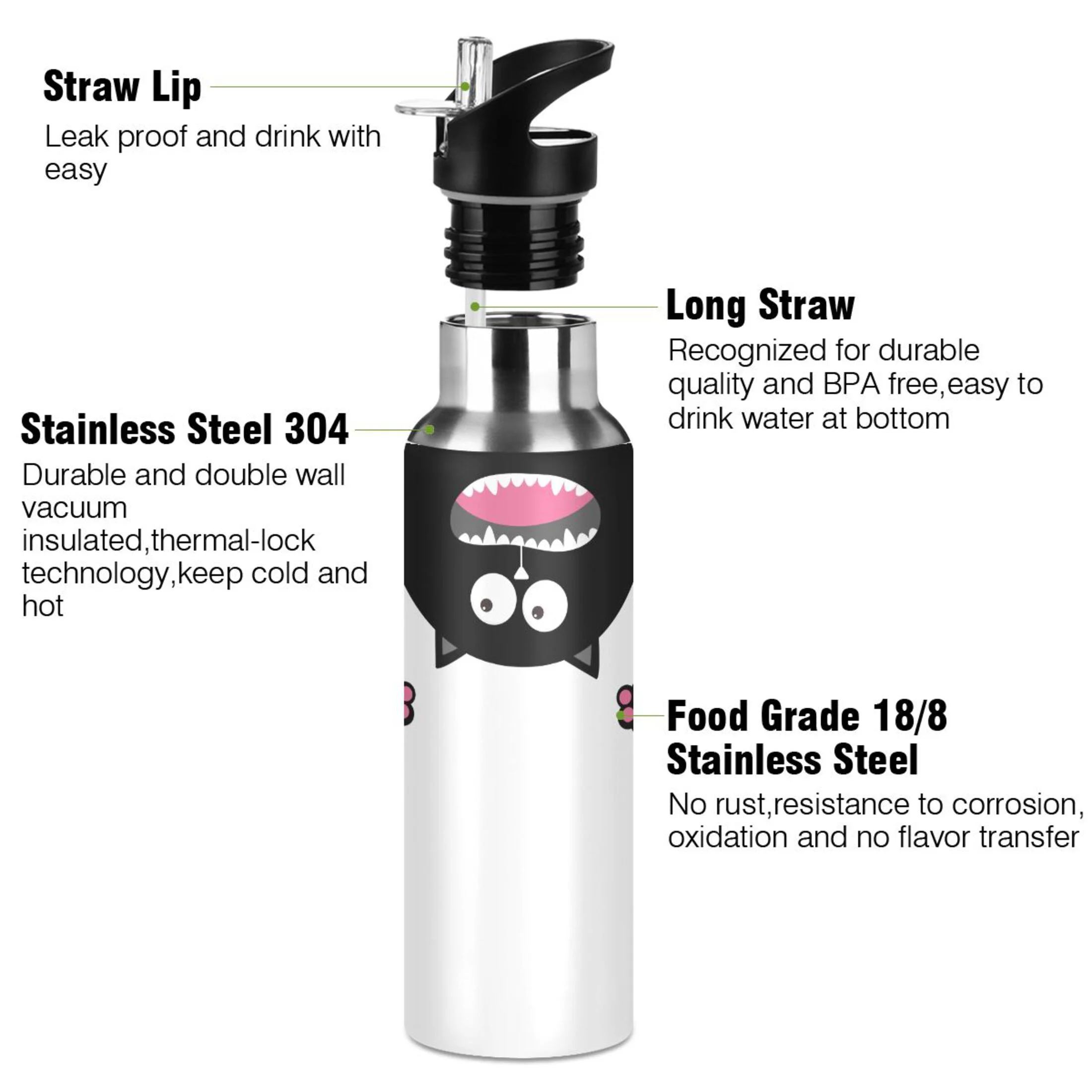 Water Bottle with Straw Lid Leak Cartoon Cat Stainless Steel Insulated Thermos Vacuum Flask for Cold Hot Drinking for Sports Camping Gym Yoga