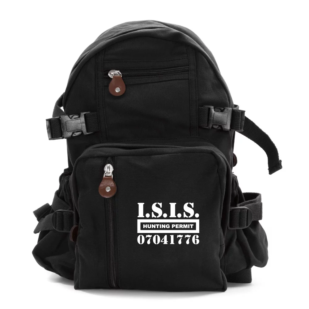 ISIS Hunting Permit Army Sport Heavyweight Canvas Backpack Bag in Black, Small